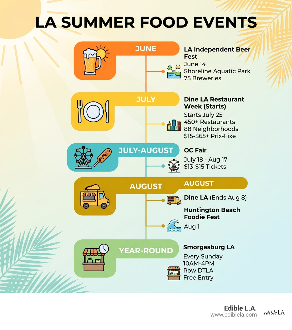 Infographic showing LA summer food events by month: June features LA Independent Beer Fest on June 14 at Shoreline Aquatic Park with 75 breweries; July highlights Dine LA Restaurant Week starting July 25 with 450+ restaurants across 88 neighborhoods at $15-$65+ prix-fixe; July-August covers OC Fair from July 18 to August 17 with $13-$15 tickets; August shows Dine LA ending August 8 and Huntington Beach Foodie Fest on August 1; Year-round shows Smorgasburg LA every Sunday 10AM-4PM at Row DTLA with free entry - la summer food events infographic Infographic showing LA summer food events by month: June features LA Independent Beer Fest on June 14 at Shoreline Aquatic Park with 75 breweries; July highlights Dine LA Restaurant Week starting July 25 with 450+ restaurants across 88 neighborhoods at $15-$65+ prix-fixe; July-August covers OC Fair from July 18 to August 17 with $13-$15 tickets; August shows Dine LA ending August 8 and Huntington Beach Foodie Fest on August 1; Year-round shows Smorgasburg LA every Sunday 10AM-4PM at Row DTLA with free entry - la summer food events infographic