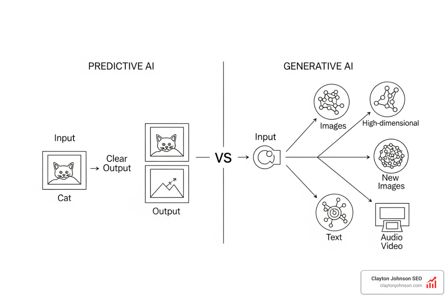 Diagram comparing predictive AI which maps inputs to labels versus generative AI which maps inputs to high-dimensional creative outputs - what is generative AI Diagram comparing predictive AI which maps inputs to labels versus generative AI which maps inputs to high-dimensional creative outputs - what is generative AI
