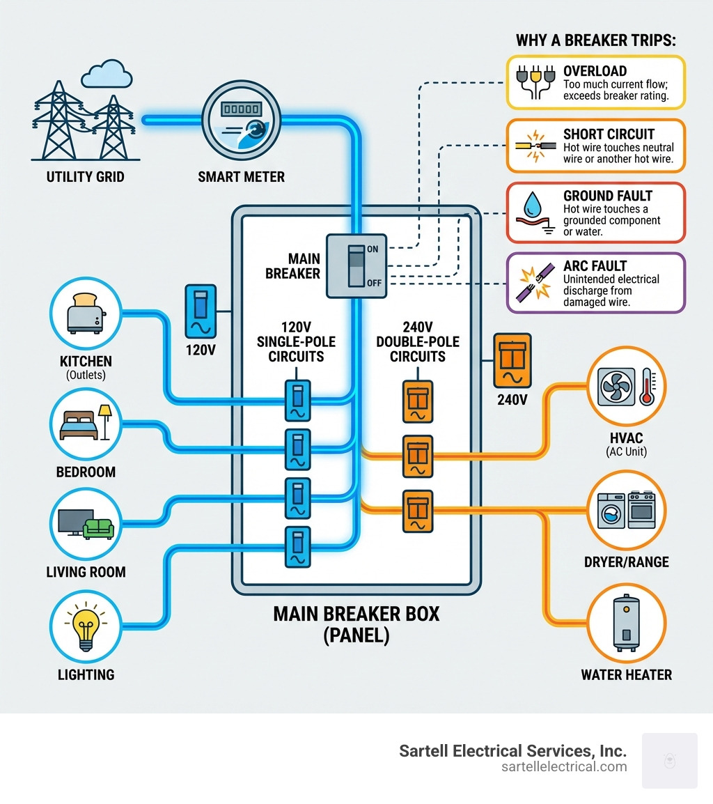 Infographic showing how electricity flows from the utility grid through the meter into the main breaker box, then splits into individual circuit breakers labeled by room or function (kitchen, bedroom, HVAC, etc.), with icons indicating 120V single-pole circuits and 240V double-pole circuits, and callouts explaining what causes a breaker to trip (overload, short circuit, ground fault, arc fault) - breaker box for house infographic Infographic showing how electricity flows from the utility grid through the meter into the main breaker box, then splits into individual circuit breakers labeled by room or function (kitchen, bedroom, HVAC, etc.), with icons indicating 120V single-pole circuits and 240V double-pole circuits, and callouts explaining what causes a breaker to trip (overload, short circuit, ground fault, arc fault) - breaker box for house infographic