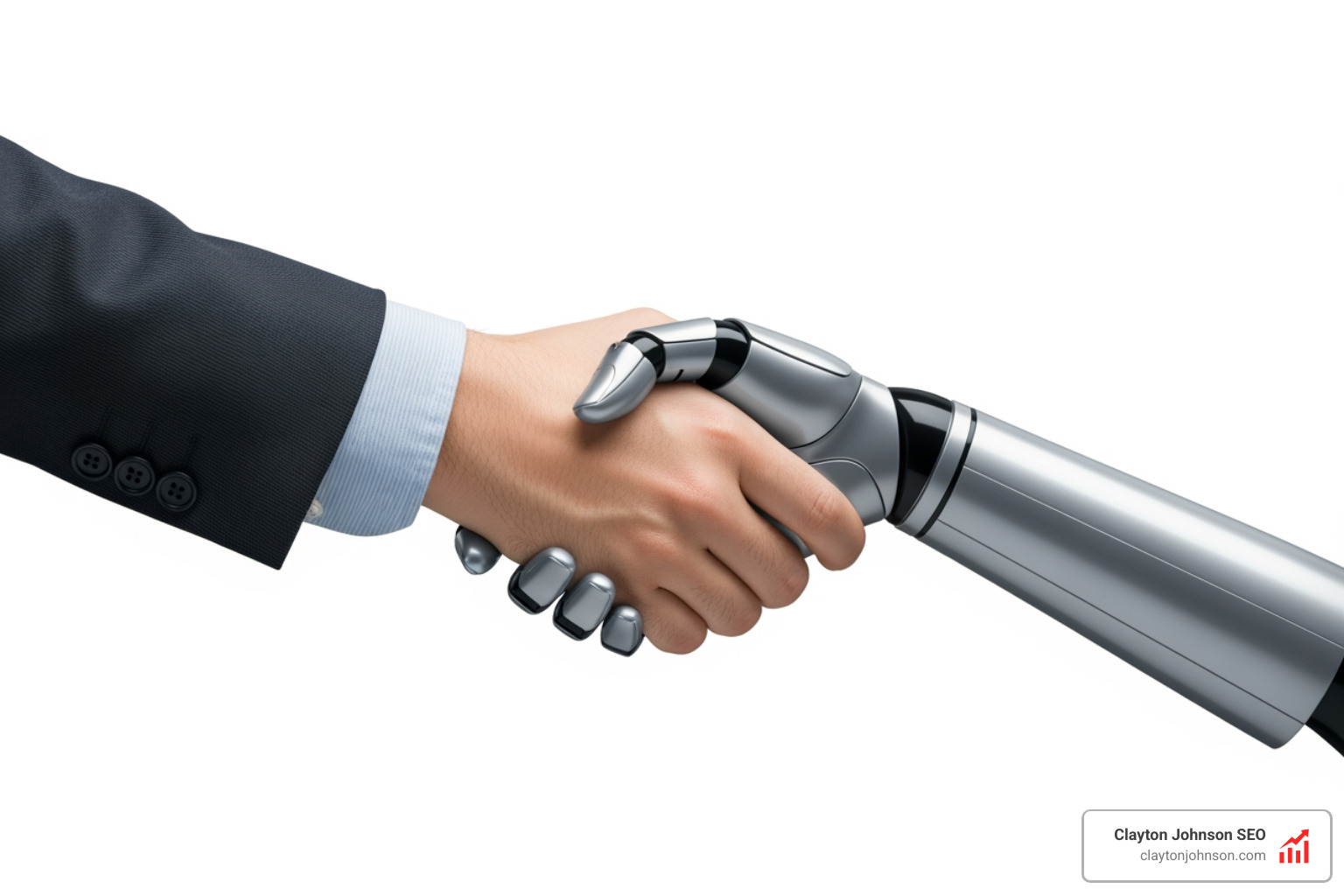 A professional handshake between a human and a robotic arm, symbolizing the partnership of human-led, AI-operated business systems, white background corporate style - Implementing AI in business