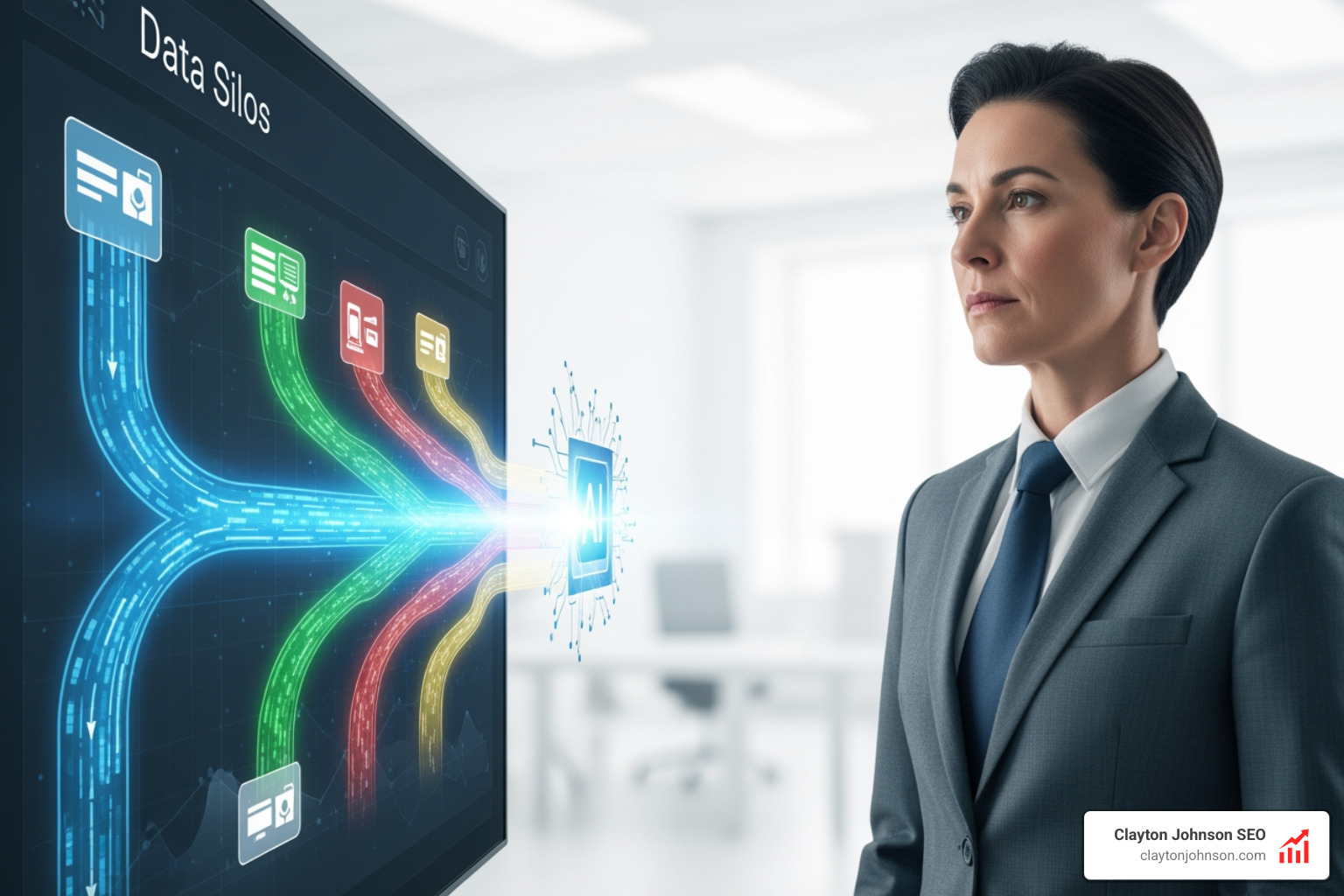 An executive looking at a digital dashboard illustrating data silos being broken down into a unified stream for AI processing - Implementing AI in business