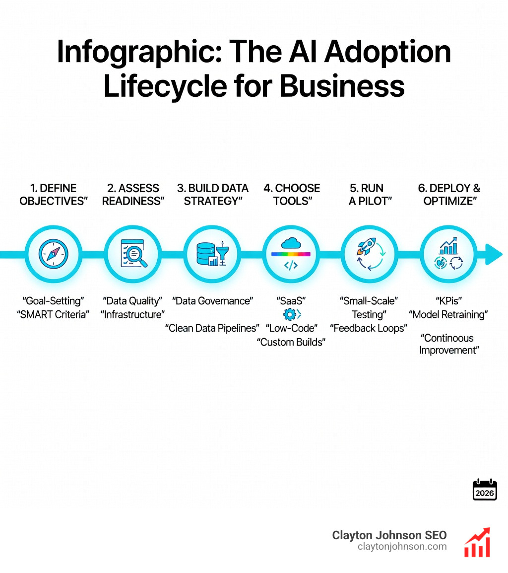 Infographic showing the AI adoption lifecycle: Step 1 Define Objectives with icons for goal-setting and SMART criteria, Step 2 Assess Readiness with icons for data quality and infrastructure, Step 3 Build Data Strategy with icons for data governance and clean data pipelines, Step 4 Choose Tools with a spectrum from SaaS to low-code to custom builds, Step 5 Run a Pilot with icons for small-scale testing and feedback loops, Step 6 Deploy and Optimize with icons for KPIs, model retraining, and continuous improvement — all connected by a horizontal arrow on a white background in a clean corporate enterprise style - Implementing AI in business infographic 