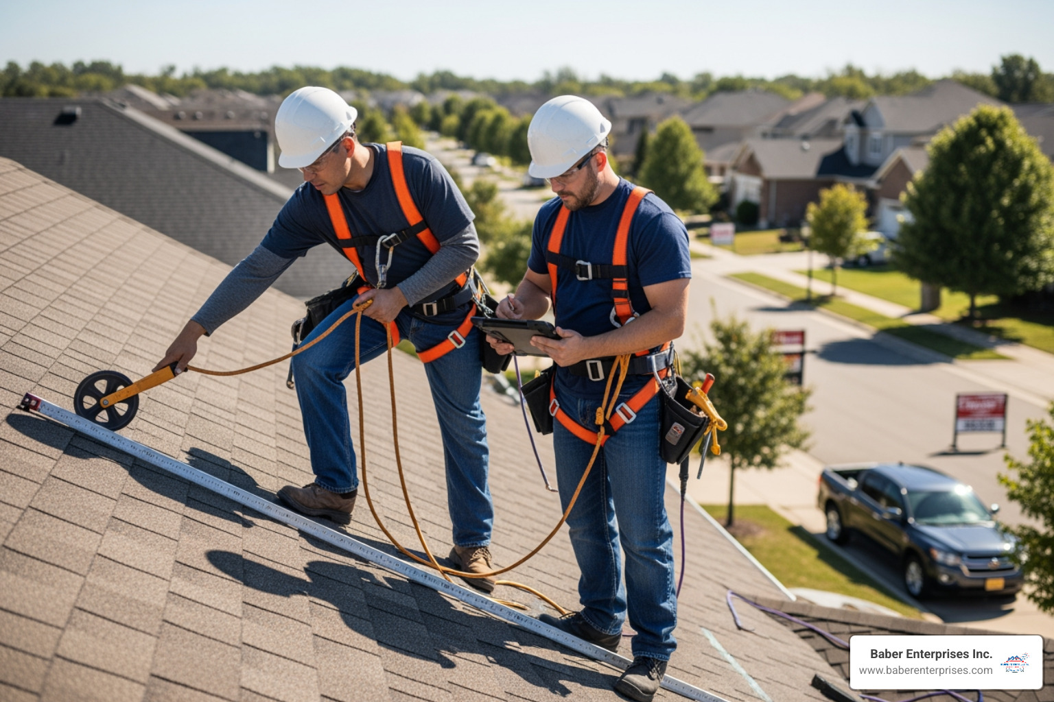 A professional roofing contractor using a measuring wheel and digital tools to accurately determine the square footage of a residential roof - per square foot roofing costs A professional roofing contractor using a measuring wheel and digital tools to accurately determine the square footage of a residential roof - per square foot roofing costs