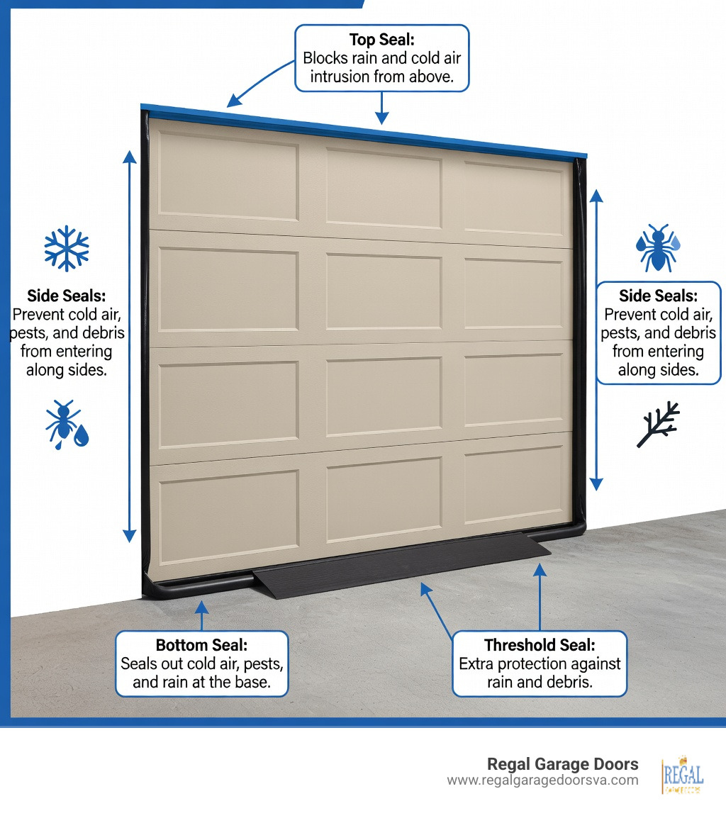 Infographic showing a garage door's four-sided sealing system: bottom T-seal or bulb seal along the floor, left and right side PVC or rubber weatherstripping along vertical jambs, top seal across the header, and optional threshold seal on the concrete floor, with labels indicating what each seal blocks: cold air, pests, rain, and debris - garage door weather sealing infographic Infographic showing a garage door's four-sided sealing system: bottom T-seal or bulb seal along the floor, left and right side PVC or rubber weatherstripping along vertical jambs, top seal across the header, and optional threshold seal on the concrete floor, with labels indicating what each seal blocks: cold air, pests, rain, and debris - garage door weather sealing infographic