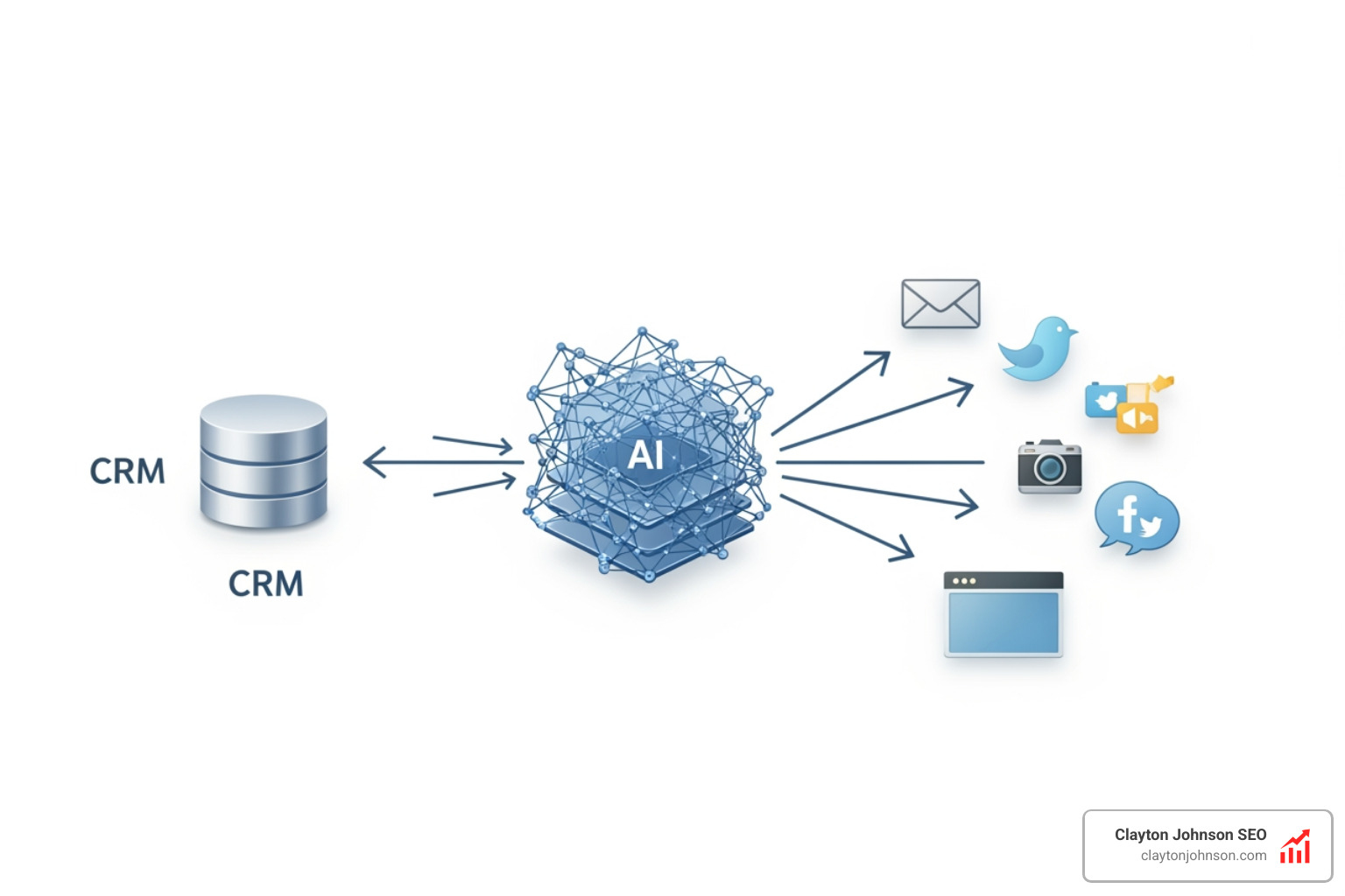 A diagram of an enterprise AI marketing tech stack showing data flowing from a CRM into an AI processing layer and out to various channels like email, social, and web - Implementing AI marketing systems A diagram of an enterprise AI marketing tech stack showing data flowing from a CRM into an AI processing layer and out to various channels like email, social, and web - Implementing AI marketing systems