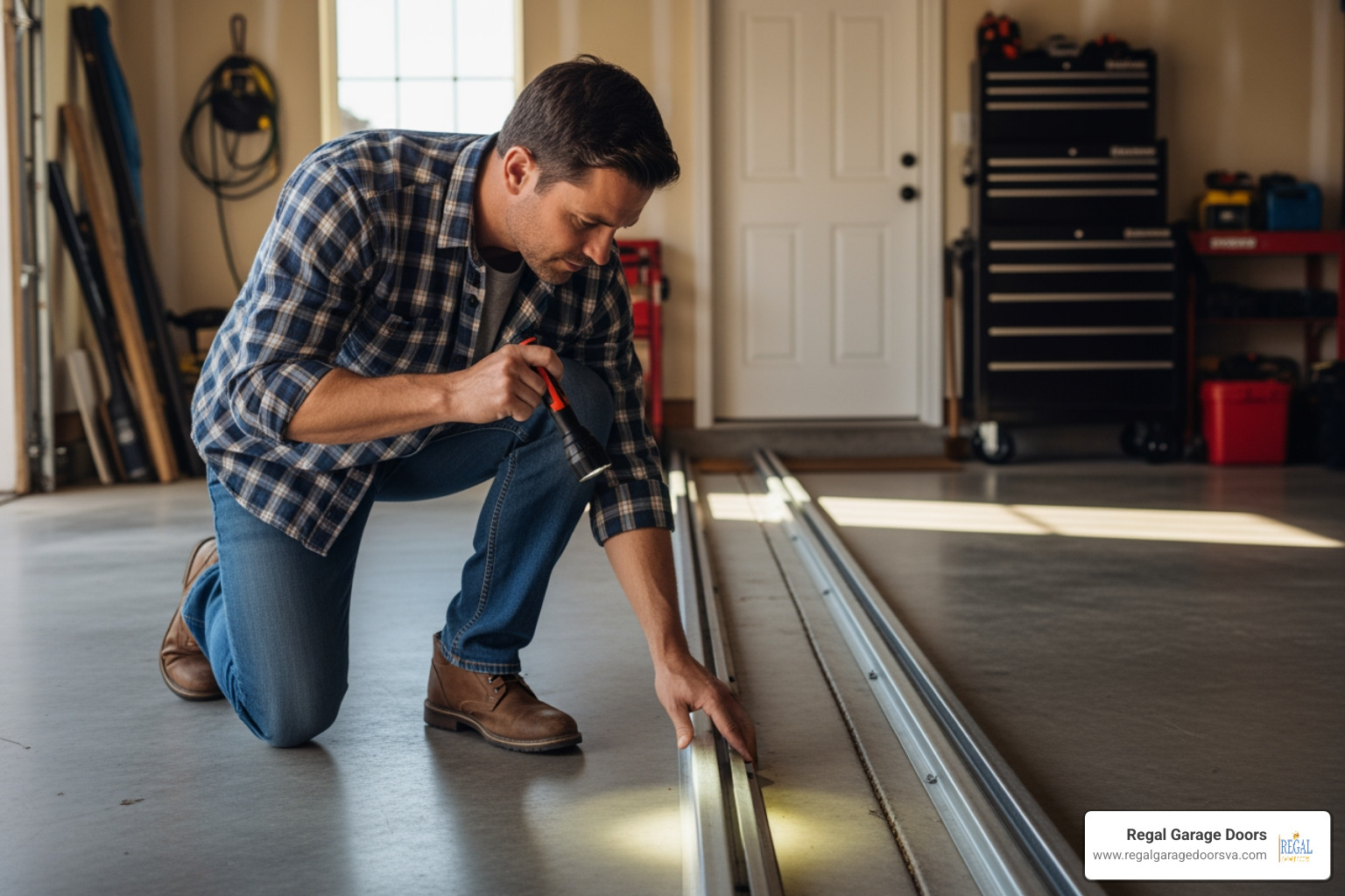 homeowner performing a visual inspection of door tracks - garage door maintenance checklist