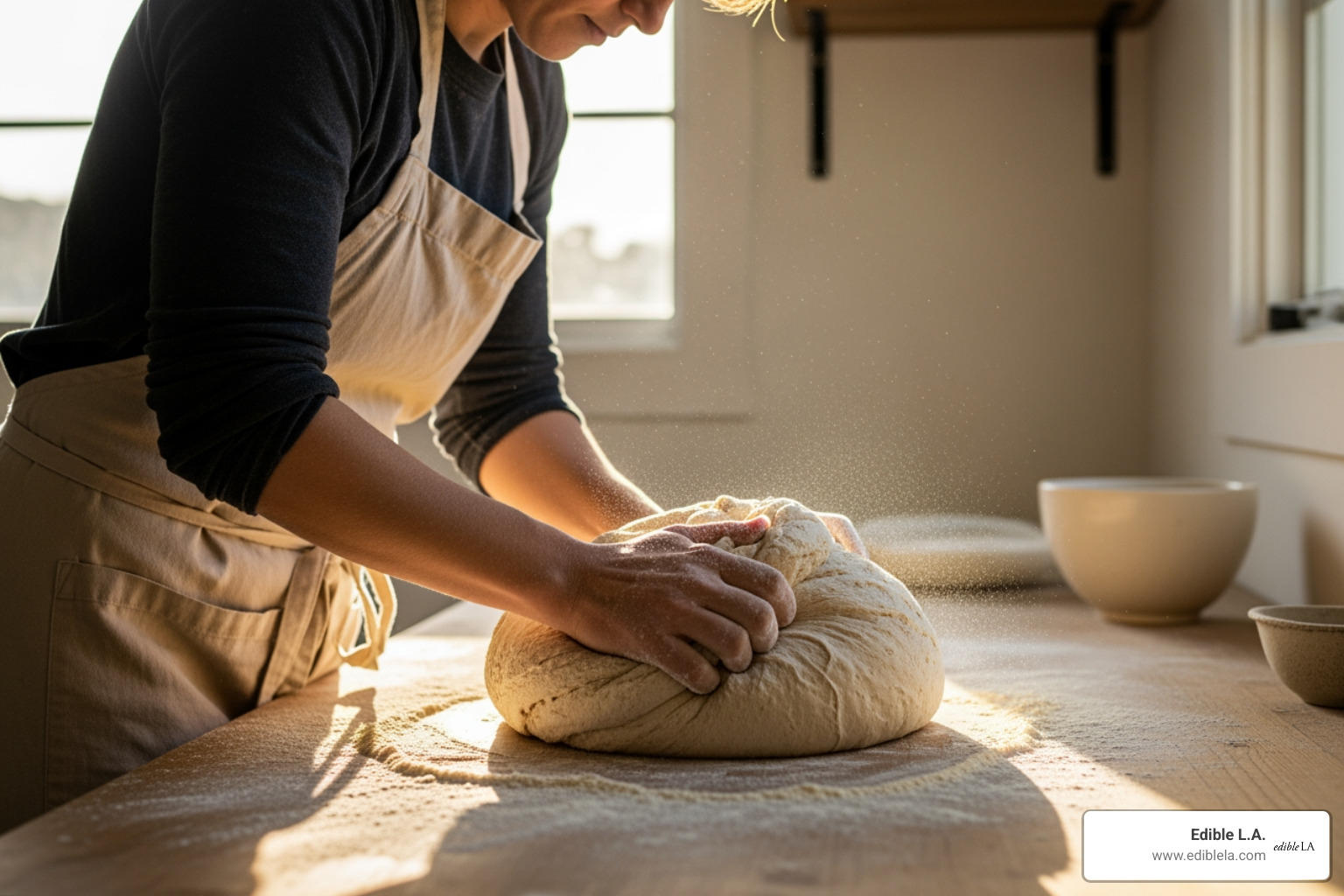 A baker in a sunlit Los Angeles kitchen hand-kneading a large mound of sourdough dough on a flour-dusted wooden table, showing the physical effort and craftsmanship involved in artisan baking - Artisan food producers