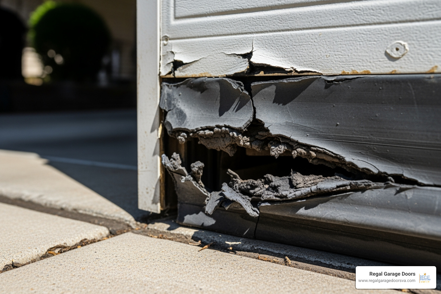 Close-up of a cracked, brittle garage door bottom seal showing visible tears and gaps where the rubber has degraded over time - garage door weather sealing Close-up of a cracked, brittle garage door bottom seal showing visible tears and gaps where the rubber has degraded over time - garage door weather sealing