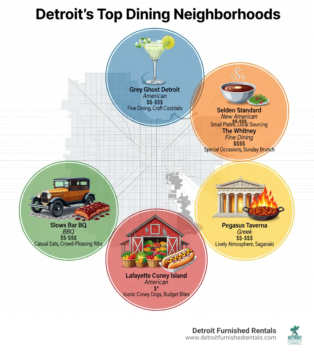 Infographic showing Detroit's top dining neighborhoods including Downtown, Midtown, Corktown, Greektown, and Eastern Market, with icons for each area's signature cuisine type, top restaurant picks, price ranges, and best-for categories such as fine dining, casual eats, brunch, and iconic dishes - Best restaurants Detroit infographic Infographic showing Detroit's top dining neighborhoods including Downtown, Midtown, Corktown, Greektown, and Eastern Market, with icons for each area's signature cuisine type, top restaurant picks, price ranges, and best-for categories such as fine dining, casual eats, brunch, and iconic dishes - Best restaurants Detroit infographic