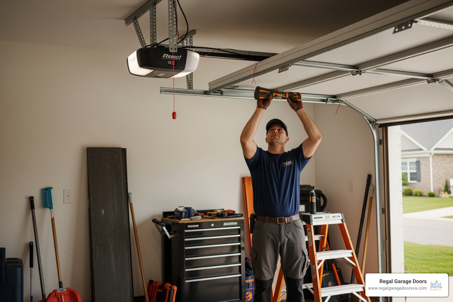 Technician installing a modern garage door opener in a Harrisonburg garage - overhead door harrisonburg