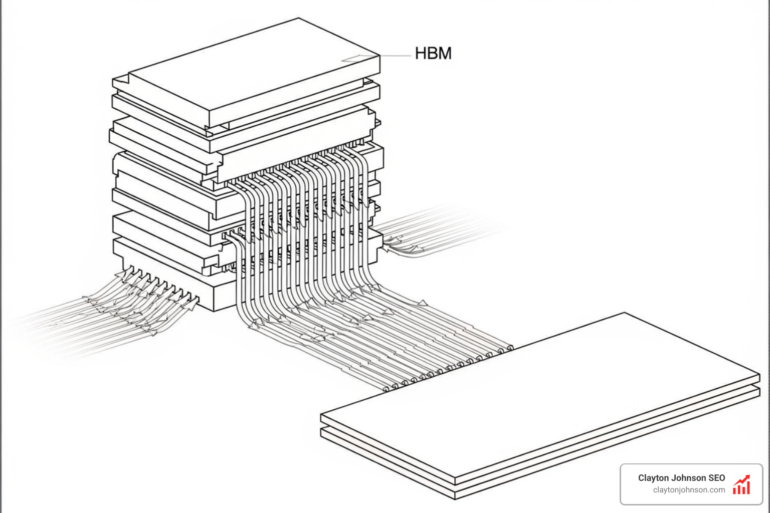 Diagram of HBM architecture showing vertically stacked memory layers connected to a processor, illustrating high-speed data transfer, white background enterprise corporate style - what is AI ecosystem Diagram of HBM architecture showing vertically stacked memory layers connected to a processor, illustrating high-speed data transfer, white background enterprise corporate style - what is AI ecosystem