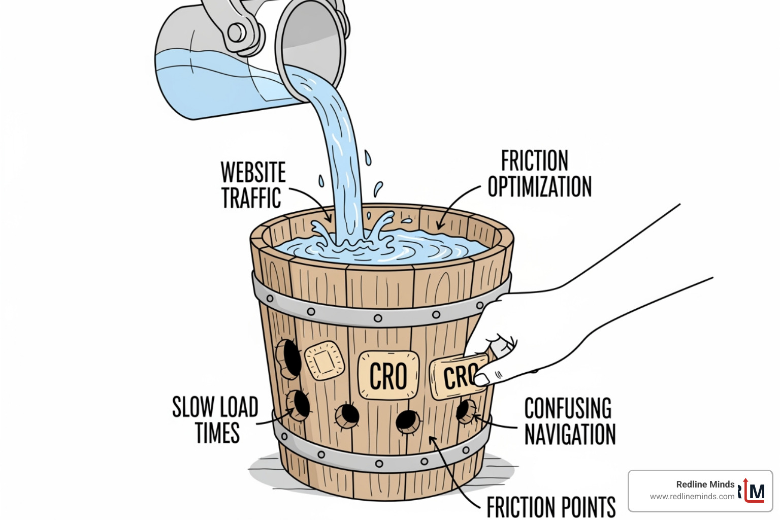 A classic "Leaky Bucket" analogy illustration where water (representing website traffic) is being poured into a bucket with several holes at the bottom (representing friction points like slow load times or confusing navigation). A hand is shown plugging the holes with patches labeled "CRO," showing how water level rises as the leaks are fixed. - what is cro in marketing A classic "Leaky Bucket" analogy illustration where water (representing website traffic) is being poured into a bucket with several holes at the bottom (representing friction points like slow load times or confusing navigation). A hand is shown plugging the holes with patches labeled "CRO," showing how water level rises as the leaks are fixed. - what is cro in marketing