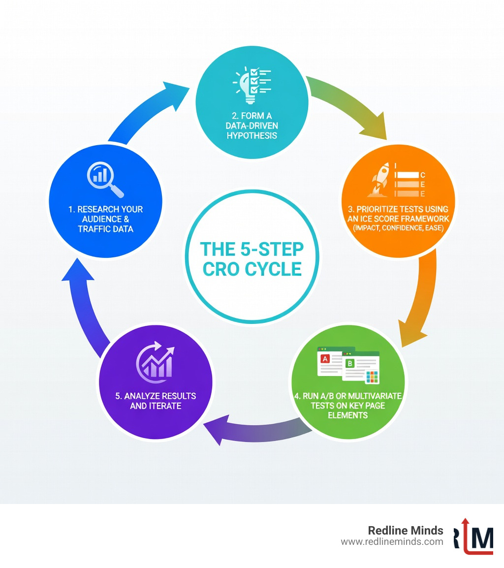 Infographic showing the 5-step CRO cycle: Step 1 Research your audience and traffic data, Step 2 Form a data-driven hypothesis about what to improve, Step 3 Prioritize tests using an ICE score framework (Impact, Confidence, Ease), Step 4 Run A/B or multivariate tests on key page elements, Step 5 Analyze results and iterate — with arrows forming a continuous loop between all five steps, styled with a clean digital marketing color scheme - what is cro in marketing infographic Infographic showing the 5-step CRO cycle: Step 1 Research your audience and traffic data, Step 2 Form a data-driven hypothesis about what to improve, Step 3 Prioritize tests using an ICE score framework (Impact, Confidence, Ease), Step 4 Run A/B or multivariate tests on key page elements, Step 5 Analyze results and iterate — with arrows forming a continuous loop between all five steps, styled with a clean digital marketing color scheme - what is cro in marketing infographic