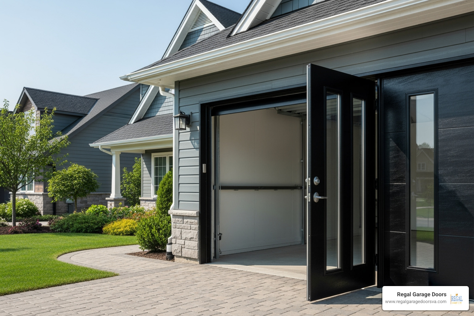 A modern, black insulated sectional garage door with a smooth finish and a column of vertical windows on the right side. The door is shown in a partially open position, revealing the thick, foam-filled panel sections and the internal tracking system. - garage sectional doors