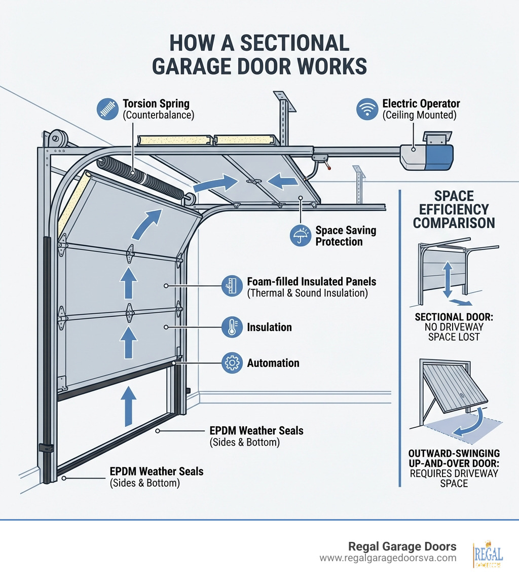 Infographic showing how a sectional garage door works: 4-5 horizontal steel panels connected by hinges, rising vertically through a tight 90-degree curve, then tracking horizontally along the ceiling into the garage; labels indicating torsion spring above top panel, EPDM weather seals on sides and bottom, foam-filled insulated panels, and electric operator mounted to ceiling; comparison column showing no driveway space lost vs. outward-swinging up-and-over door - garage sectional doors infographic 
