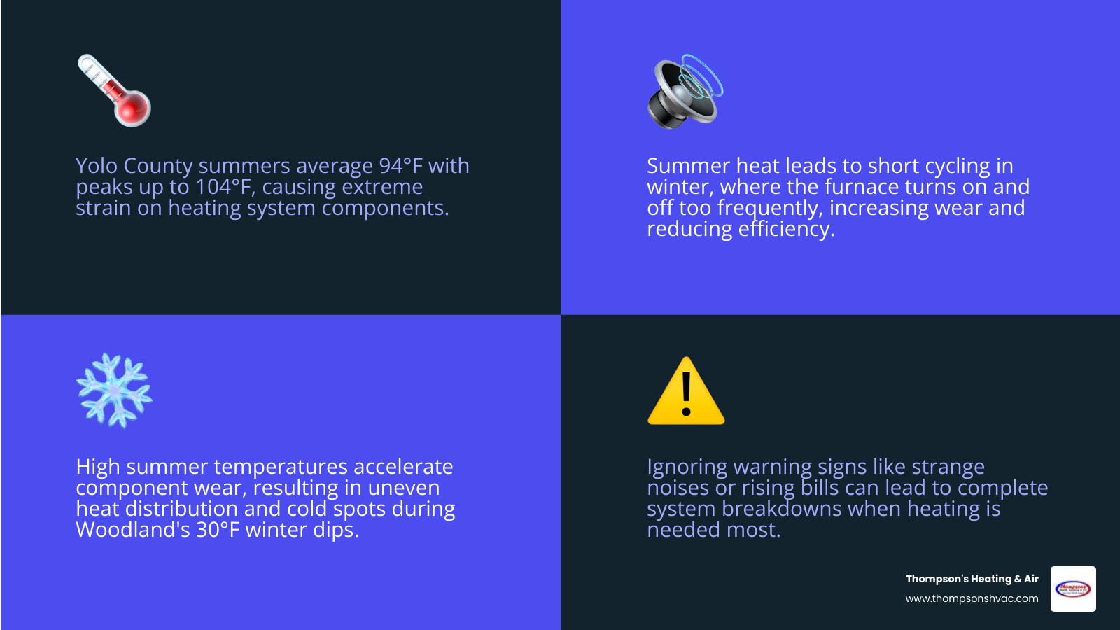 Infographic showing how Yolo County's extreme summer heat with 94°F averages and 104°F peaks causes component wear that leads to common winter heating failures, including short cycling, uneven heat distribution, and system breakdowns, alongside a checklist of warning signs and a repair vs. replace decision guide based on system age and performance thresholds - heating repair in woodland, ca infographic 4_facts_emoji_blue