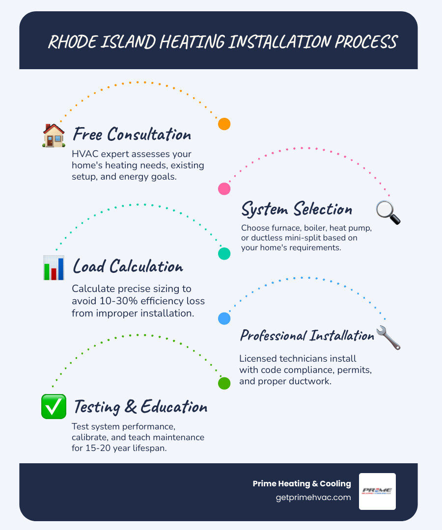 Infographic showing the Rhode Island heating installation process: Step 1 - Free consultation and home assessment; Step 2 - System selection (furnace, boiler, heat pump, or ductless); Step 3 - Load calculation and proper sizing; Step 4 - Professional installation with licensed technicians; Step 5 - System testing and calibration; Step 6 - Customer education on operation and maintenance; Step 7 - Ongoing maintenance plan to ensure 15-20 year system lifespan - heating installation rhode island infographic infographic-line-5-steps-blues-accent_colors
