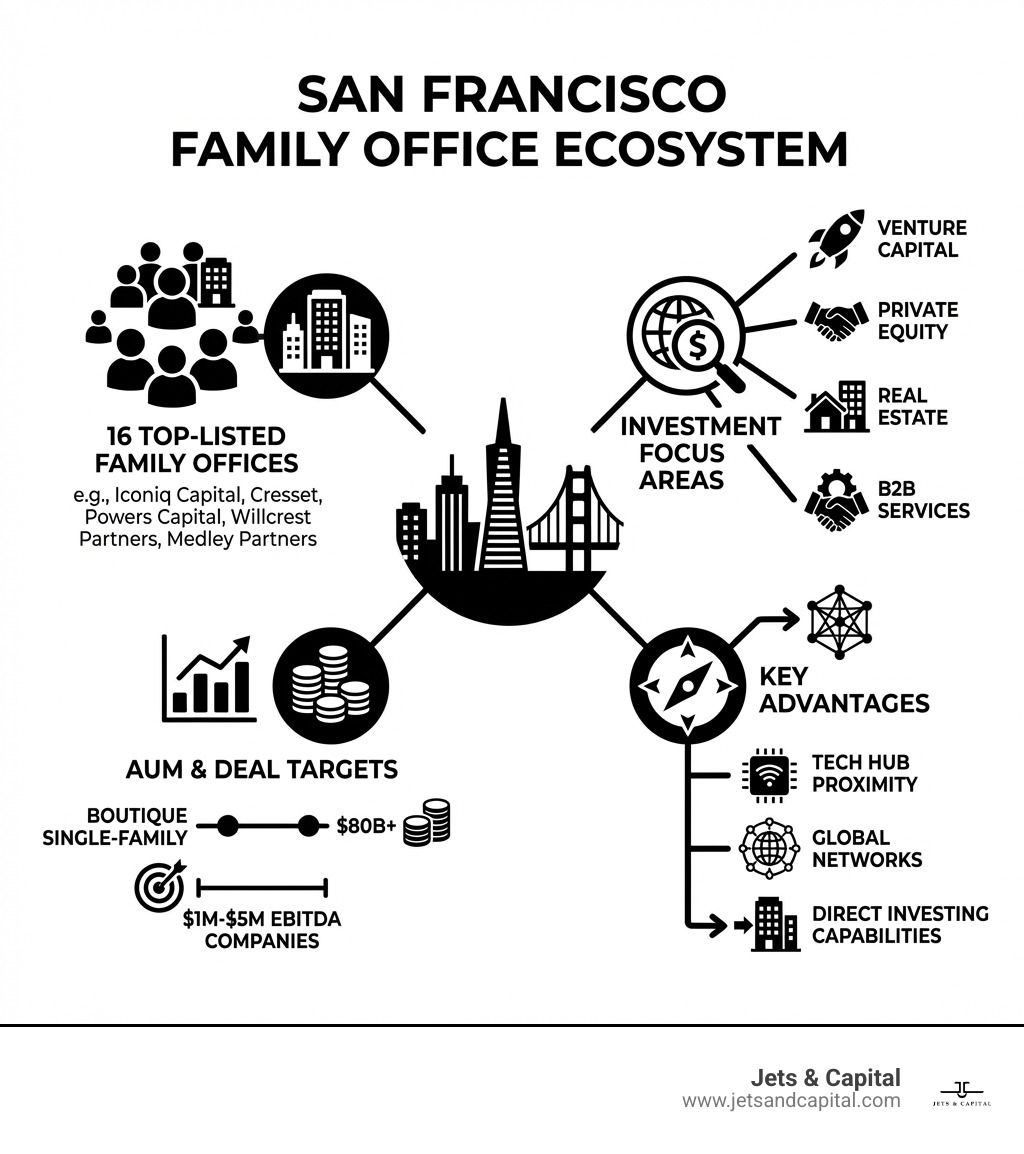 Infographic showing the San Francisco family office ecosystem: 16 top-listed family offices, investment focus areas including venture capital, private equity, real estate and B2B services, AUM ranging from boutique single-family offices to $80B+, typical deal targets of $1M-$5M EBITDA companies, and key advantages including tech hub proximity, global networks, and direct investing capabilities - San Francisco family office infographic Infographic showing the San Francisco family office ecosystem: 16 top-listed family offices, investment focus areas including venture capital, private equity, real estate and B2B services, AUM ranging from boutique single-family offices to $80B+, typical deal targets of $1M-$5M EBITDA companies, and key advantages including tech hub proximity, global networks, and direct investing capabilities - San Francisco family office infographic
