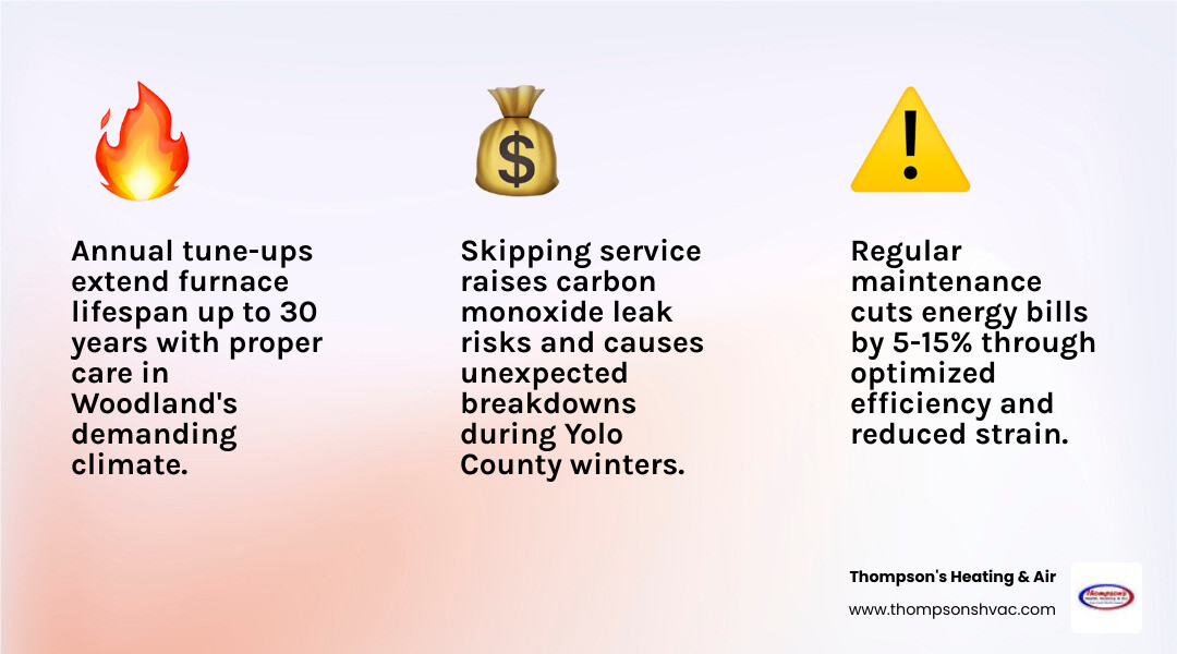 Infographic showing the key benefits of annual heating maintenance in Woodland CA including improved energy efficiency, extended system lifespan up to 30 years, reduced risk of carbon monoxide hazards, lower monthly utility bills, and a seasonal maintenance checklist with tasks like filter replacement, burner cleaning, heat exchanger inspection, and thermostat calibration, set against a Yolo County climate context showing summer highs of 104 degrees and cool winter temperatures - heating maintenance in woodland, ca infographic 3_facts_emoji_light-gradient