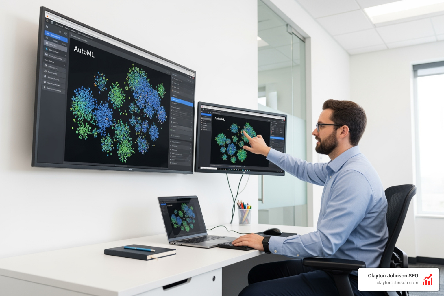 A data scientist working in a modern office in Minneapolis, MN, using an AutoML platform to visualize complex data clusters on a large screen, with clean white-background enterprise styling - how AI analyzes data