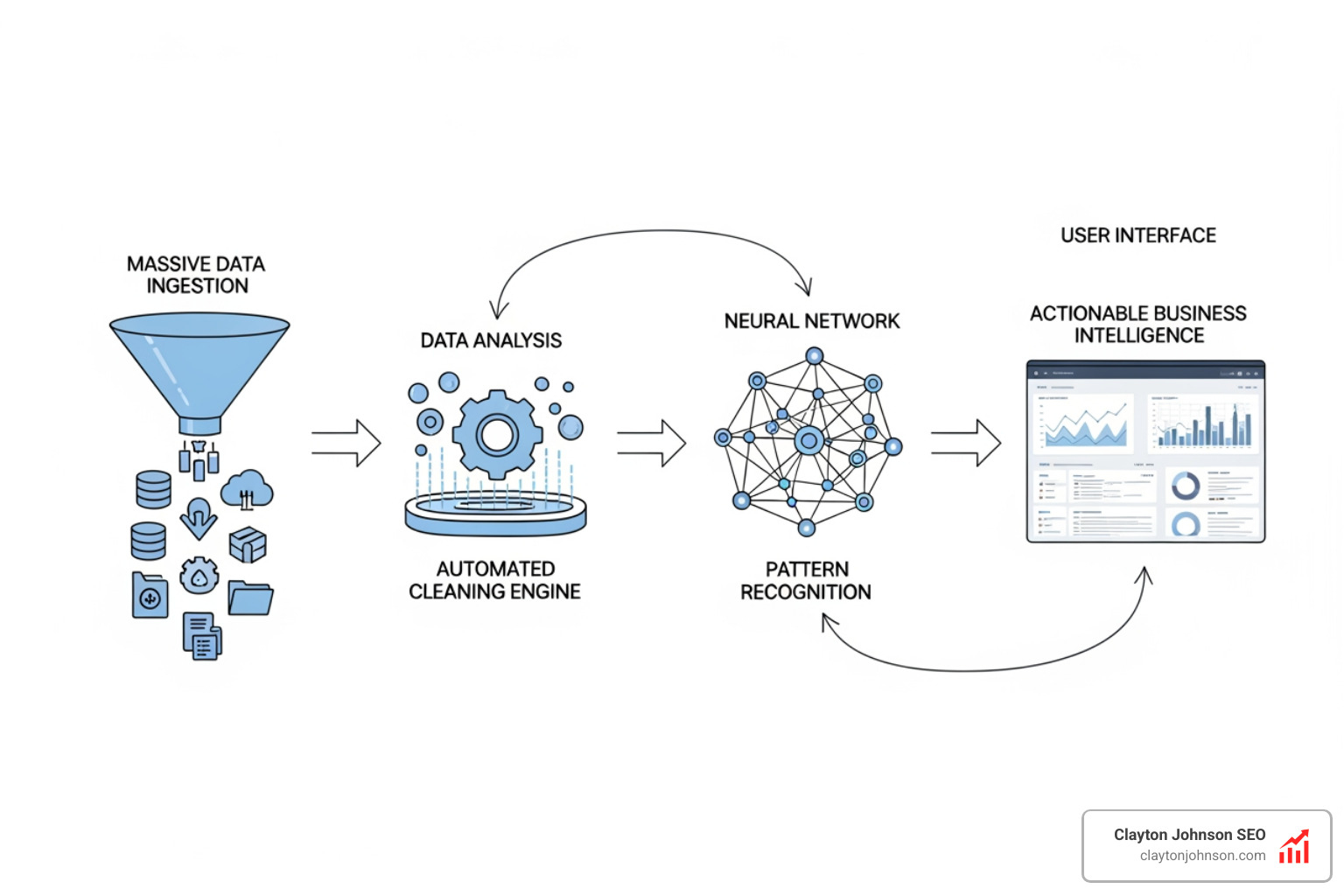 Visual representation of the AI data analysis workflow: A continuous loop starting with massive data ingestion from disparate sources, moving through an automated cleaning engine, entering a neural network for pattern recognition, and finally outputting actionable business intelligence to a user interface - how AI analyzes data