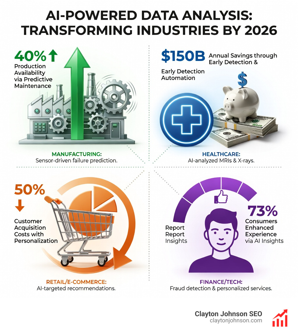 Infographic showing the benefits of AI in data analysis: 40% increase in production availability, $150 billion in healthcare savings, 50% reduction in customer acquisition costs through personalization, and 73% of consumers believing AI improves their experience - how AI analyzes data infographic 