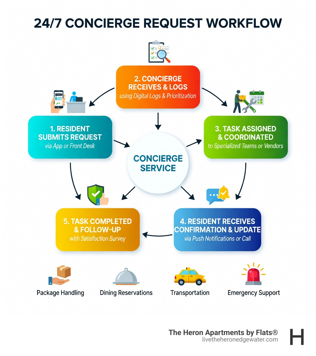 Infographic showing the step-by-step workflow of a 24/7 concierge request: resident submits request via app or front desk, concierge receives and logs request, task is assigned and coordinated, resident receives confirmation and update, task is completed and follow-up is provided — with icons for common request types including package handling, dining reservations, transportation, and emergency support - 24/7 concierge service infographic 