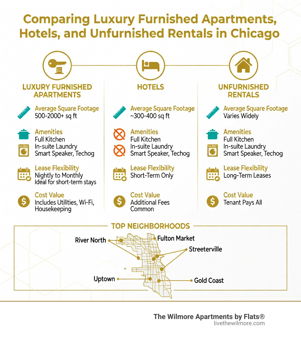 Infographic comparing luxury furnished apartments vs. hotels vs. unfurnished rentals in Chicago, showing key differences across: average square footage (furnished apartments 500-2000+ sq ft vs. hotel rooms ~300-400 sq ft), amenities (full kitchen, in-suite laundry, smart home tech vs. limited), lease flexibility (nightly to monthly), cost value (includes utilities, Wi-Fi, housekeeping), and top neighborhoods (River North, Fulton Market, Streeterville, Uptown, Gold Coast) - Luxury furnished apartments Chicago infographic 