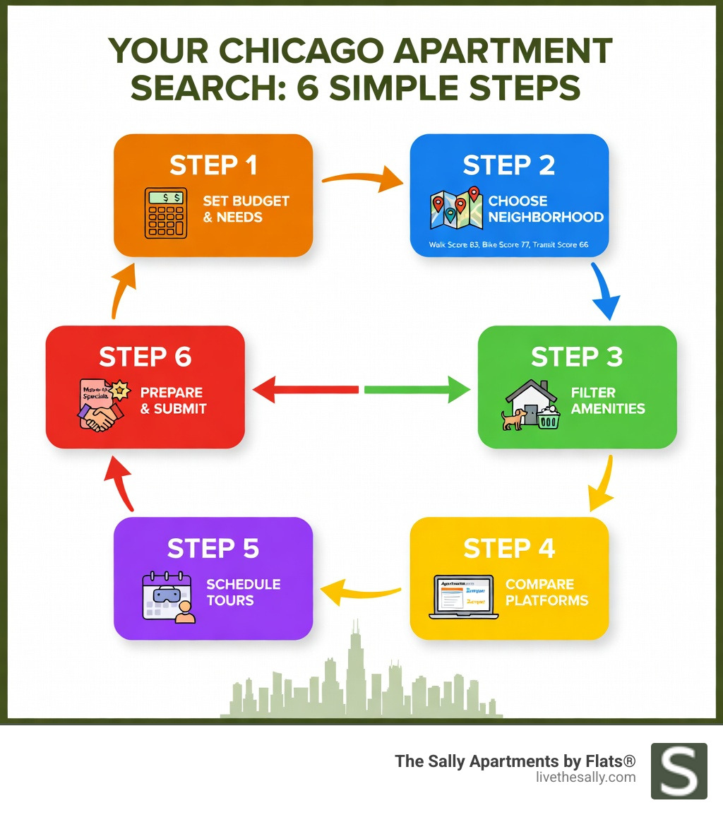 Infographic showing the Chicago rental search process: step 1 identify your bedroom needs, step 2 choose your neighborhood based on Walk/Transit/Bike scores, step 3 filter by amenities like pet policy and in-unit laundry, step 4 compare listings across platforms like Apartments.com and Zumper, step 5 schedule in-person or 3D virtual tours, step 6 prepare application documents and submit with move-in dates in mind - Chicago apartment finder infographic 