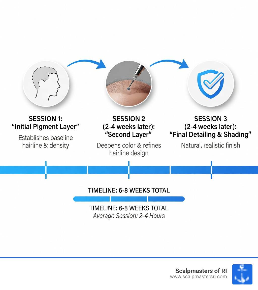 Infographic showing the 3-session SMP process for men: Session 1 - initial pigment layer applied to establish baseline hairline and density, Session 2 (2-4 weeks later) - second layer deepens color and refines hairline design, Session 3 (2-4 weeks later) - final detailing and shading for a natural, realistic finish; includes icons for each step, average session duration of 2-4 hours, and a timeline spanning 6-8 weeks total - scalp micropigmentation for men infographic Infographic showing the 3-session SMP process for men: Session 1 - initial pigment layer applied to establish baseline hairline and density, Session 2 (2-4 weeks later) - second layer deepens color and refines hairline design, Session 3 (2-4 weeks later) - final detailing and shading for a natural, realistic finish; includes icons for each step, average session duration of 2-4 hours, and a timeline spanning 6-8 weeks total - scalp micropigmentation for men infographic
