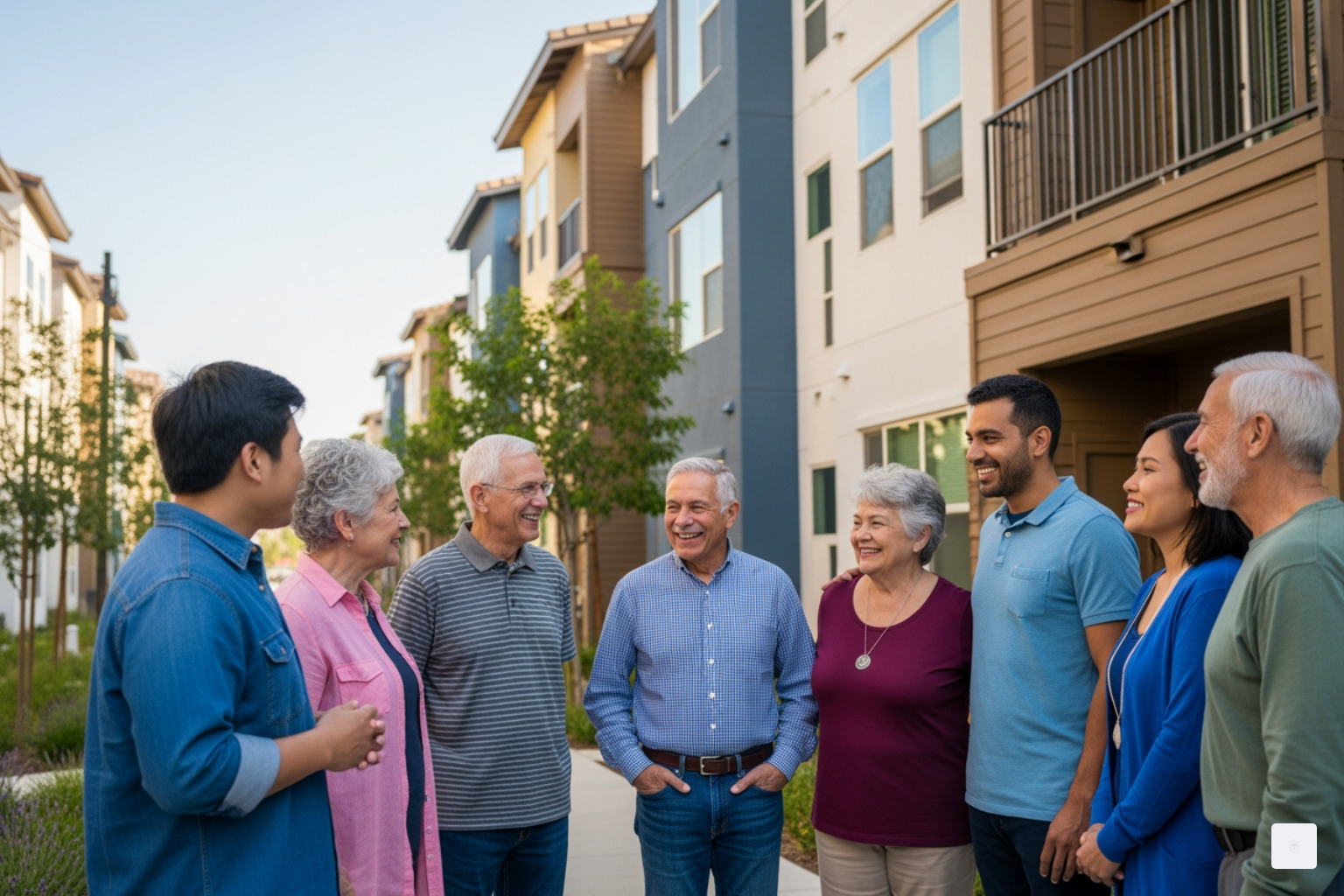 Diverse group of neighbors talking outside a modern California apartment complex, representing a supportive community environment - covid 19 renters assistance Diverse group of neighbors talking outside a modern California apartment complex, representing a supportive community environment - covid 19 renters assistance