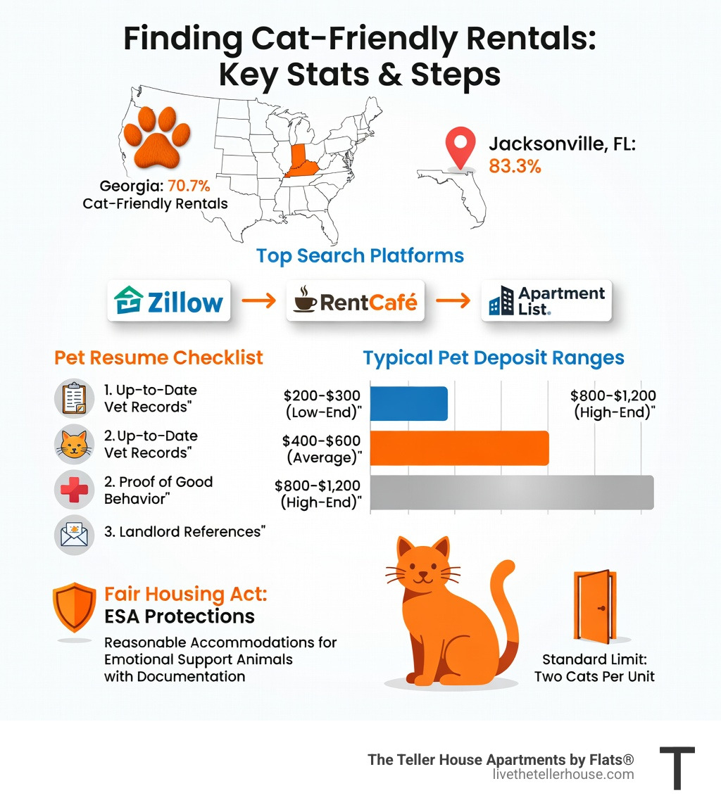 Infographic showing key stats and steps for finding cat friendly rentals: Georgia leads at 70.7% cat-friendly rentals, Jacksonville FL at 83.3%, top search platforms, what to include in a pet resume, typical pet deposit ranges, Fair Housing Act ESA protections, and the standard two-cat per unit limit - cat friendly rentals infographic Infographic showing key stats and steps for finding cat friendly rentals: Georgia leads at 70.7% cat-friendly rentals, Jacksonville FL at 83.3%, top search platforms, what to include in a pet resume, typical pet deposit ranges, Fair Housing Act ESA protections, and the standard two-cat per unit limit - cat friendly rentals infographic