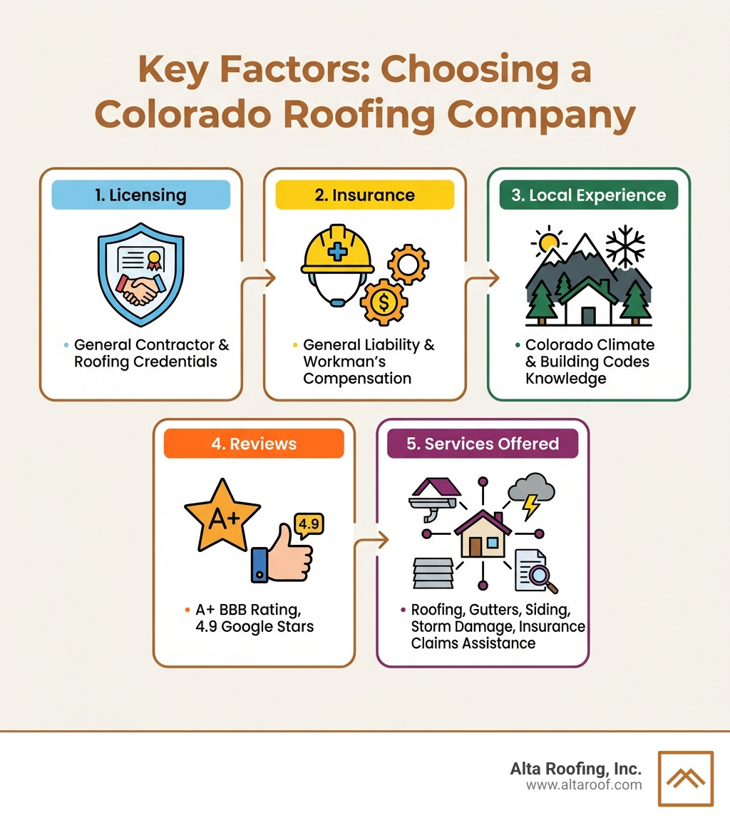 Infographic showing key factors for choosing a Colorado roofing company: 1. Licensing - General Contractor and Roofing Contractor credentials, 2. Insurance - General Liability and Workman's Compensation, 3. Local Experience - knowledge of Colorado climate and building codes, 4. Reviews - A+ BBB rating, 4.9 Google stars, 5. Services Offered - roofing, gutters, siding, storm damage, insurance claims assistance - colorado roofing company infographic Infographic showing key factors for choosing a Colorado roofing company: 1. Licensing - General Contractor and Roofing Contractor credentials, 2. Insurance - General Liability and Workman's Compensation, 3. Local Experience - knowledge of Colorado climate and building codes, 4. Reviews - A+ BBB rating, 4.9 Google stars, 5. Services Offered - roofing, gutters, siding, storm damage, insurance claims assistance - colorado roofing company infographic