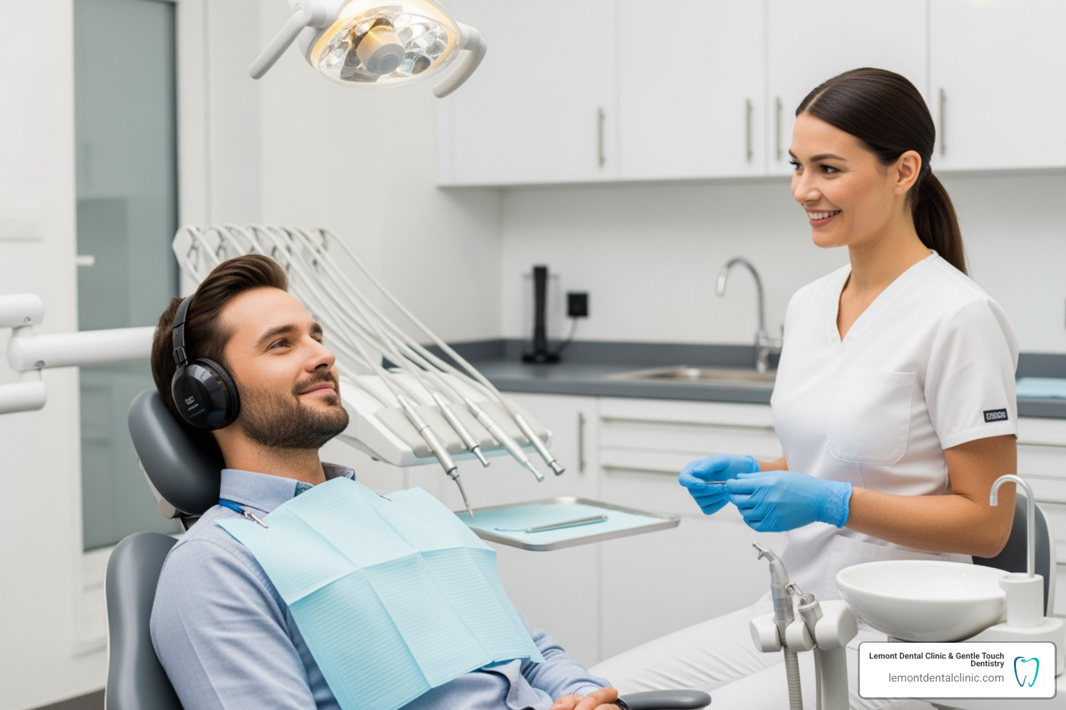 A relaxed patient sitting comfortably in a modern dental chair, wearing noise-canceling headphones and looking calm while the dentist explains a procedure - Dentist for anxiety A relaxed patient sitting comfortably in a modern dental chair, wearing noise-canceling headphones and looking calm while the dentist explains a procedure - Dentist for anxiety