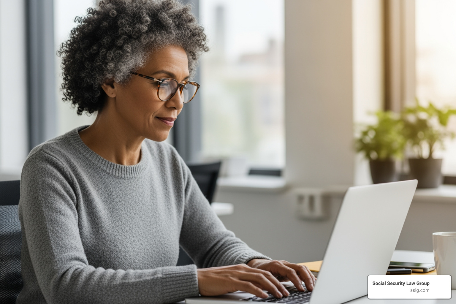A person around 60 years old working a part-time office job, typing on a laptop with a focused but calm expression - substantial gainful activity examples