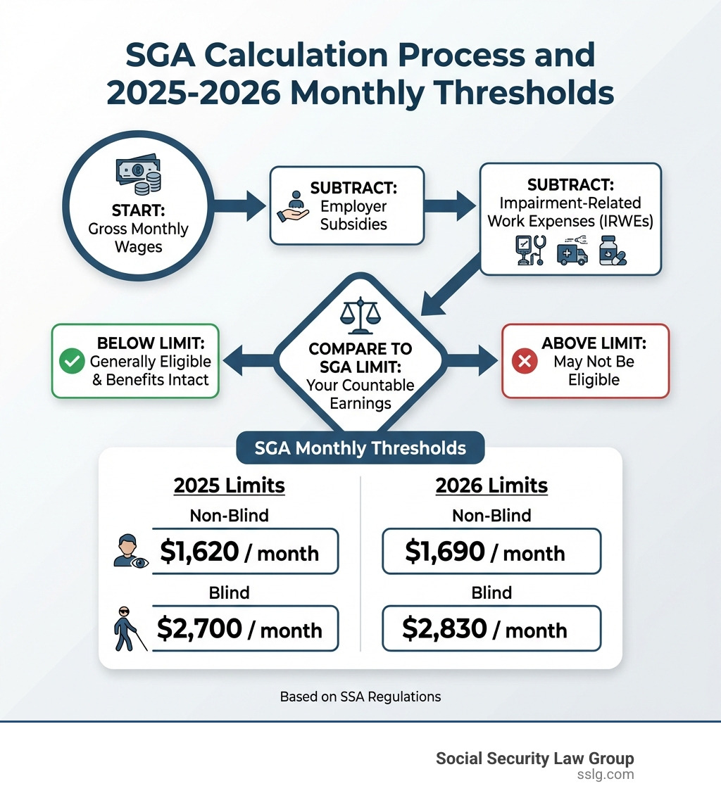 Infographic showing the 2025 and 2026 SGA monthly thresholds for blind and non-blind individuals, with a step-by-step flow diagram: Start with gross wages → Subtract employer subsidies → Subtract IRWEs → Compare to SGA limit → Determine eligibility, with callout boxes for the $1,620 non-blind and $2,700 blind 2025 limits and the $1,690 non-blind and $2,830 blind 2026 limits - how is substantial gainful activity calculated infographic 