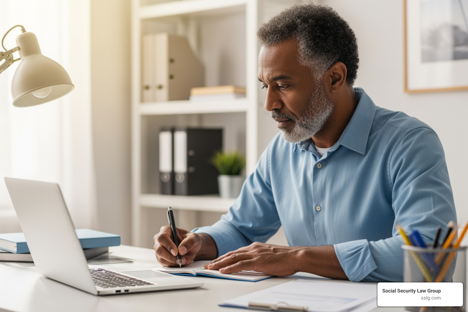 A diverse man in his early 60s sitting at a clean, organized desk in a home office, focused on a laptop screen while taking notes, illustrating the concept of mental exertion in work activity - 2026 substantial gainful activity
