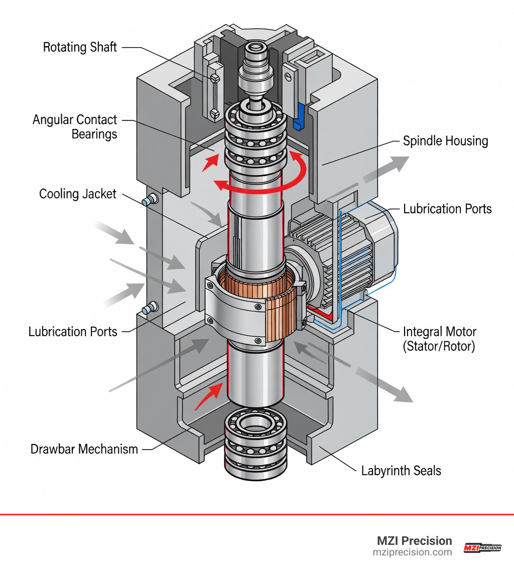 DETAILED INFOGRAPHIC SHOWING THE CROSS-SECTION OF AN INDUSTRIAL CNC SPINDLE APPARATUS WITH LABELED COMPONENTS INCLUDING THE ROTATING SHAFT AT CENTER, STACKED ANGULAR CONTACT BEARINGS ON BOTH ENDS, SPINDLE HOUSING WITH COOLING JACKET AND LUBRICATION PORTS, DRAWBAR CLAMPING MECHANISM AT THE TOP, INTEGRAL MOTOR STATOR AND ROTOR, AND NON-CONTACT LABYRINTH SEALS AT THE SHAFT OPENINGS, WITH ARROWS INDICATING DIRECTION OF ROTATION AND HEAT DISSIPATION PATHWAYS - WHAT IS PART OF THE SPINDLE APPARATUS INFOGRAPHIC DETAILED INFOGRAPHIC SHOWING THE CROSS-SECTION OF AN INDUSTRIAL CNC SPINDLE APPARATUS WITH LABELED COMPONENTS INCLUDING THE ROTATING SHAFT AT CENTER, STACKED ANGULAR CONTACT BEARINGS ON BOTH ENDS, SPINDLE HOUSING WITH COOLING JACKET AND LUBRICATION PORTS, DRAWBAR CLAMPING MECHANISM AT THE TOP, INTEGRAL MOTOR STATOR AND ROTOR, AND NON-CONTACT LABYRINTH SEALS AT THE SHAFT OPENINGS, WITH ARROWS INDICATING DIRECTION OF ROTATION AND HEAT DISSIPATION PATHWAYS - WHAT IS PART OF THE SPINDLE APPARATUS INFOGRAPHIC