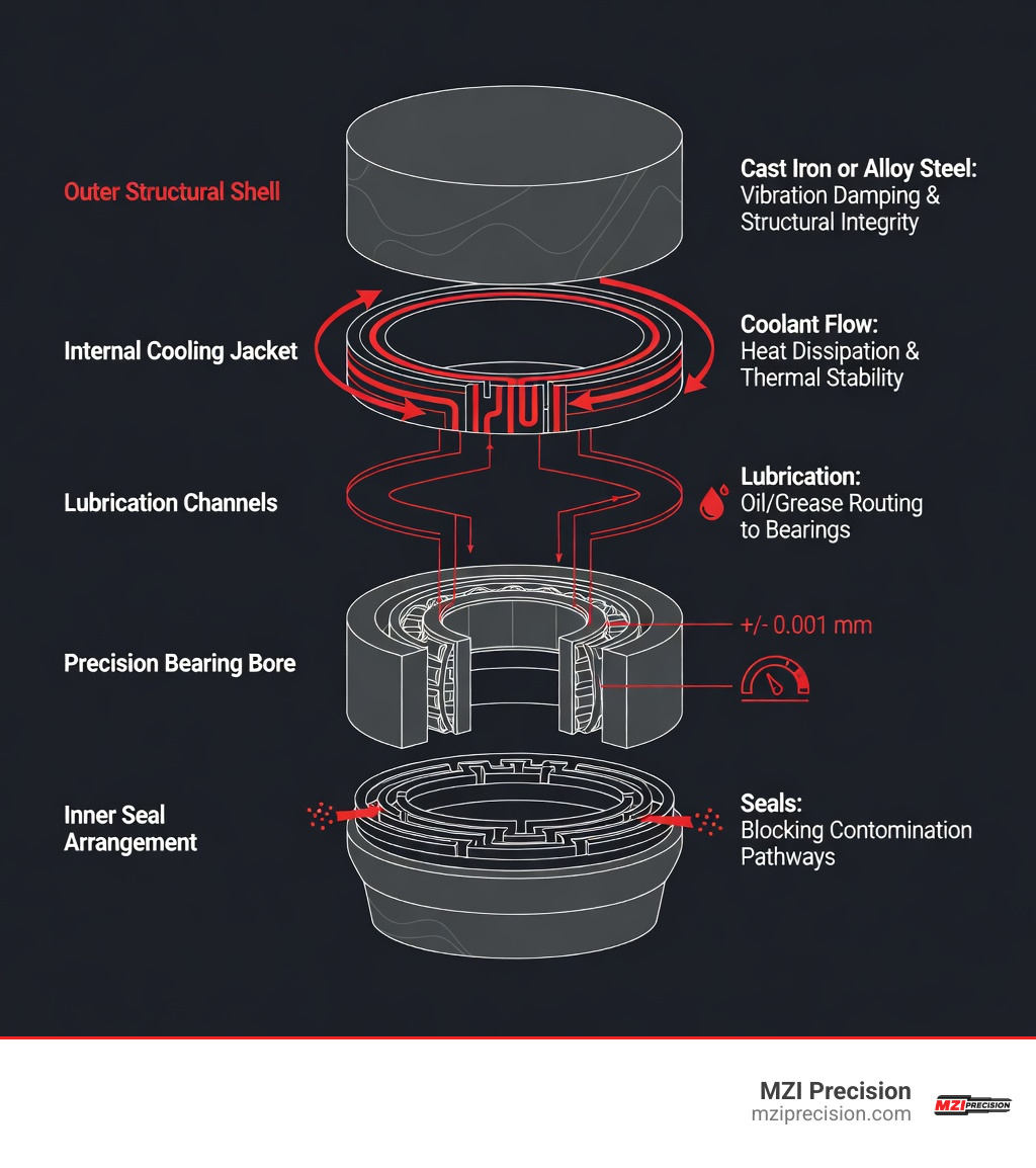 Infographic showing the five functional layers of a CNC spindle housing: outer structural shell with material callouts (cast iron or alloy steel), internal cooling jacket with coolant flow arrows, lubrication channels routing to bearing seats, precision bearing bore with tolerance indicators, and inner seal arrangement (labyrinth and contact seals) blocking contamination pathways, with labels for each layer and its primary function - spindle housing infographic 