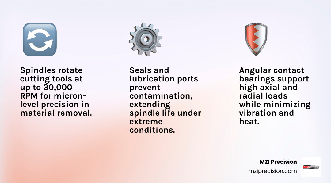 INFOGRAPHIC SHOWING THE KEY COMPONENTS OF AN INDUSTRIAL MANUFACTURING SPINDLE ASSEMBLY INCLUDING THE SPINDLE SHAFT, ANGULAR CONTACT BEARINGS, FRONT AND REAR BEARING HOUSINGS, TOOL INTERFACE (BT/HSK/CAT), SEALS, LUBRICATION PORTS, AND DYNAMIC BALANCE RATING, WITH CALLOUTS INDICATING OEM PERFORMANCE STANDARDS AND TYPICAL FAILURE POINTS FOR EACH COMPONENT - INDUSTRIAL MANUFACTURING SPINDLE INFOGRAPHIC 3_FACTS_EMOJI_LIGHT-GRADIENT INFOGRAPHIC SHOWING THE KEY COMPONENTS OF AN INDUSTRIAL MANUFACTURING SPINDLE ASSEMBLY INCLUDING THE SPINDLE SHAFT, ANGULAR CONTACT BEARINGS, FRONT AND REAR BEARING HOUSINGS, TOOL INTERFACE (BT/HSK/CAT), SEALS, LUBRICATION PORTS, AND DYNAMIC BALANCE RATING, WITH CALLOUTS INDICATING OEM PERFORMANCE STANDARDS AND TYPICAL FAILURE POINTS FOR EACH COMPONENT - INDUSTRIAL MANUFACTURING SPINDLE INFOGRAPHIC 3_FACTS_EMOJI_LIGHT-GRADIENT