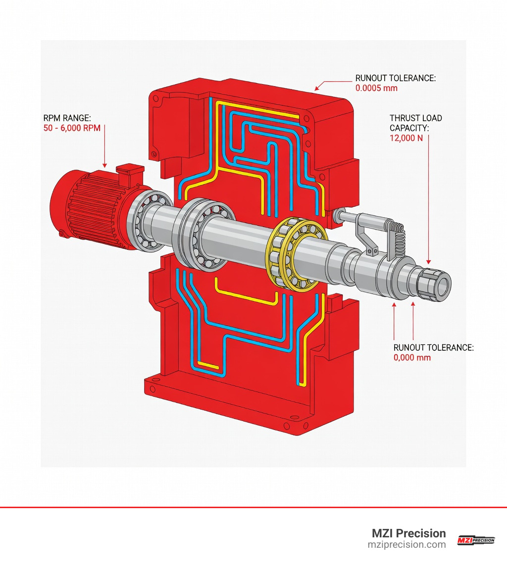Infographic showing the primary components of a CNC lathe headstock including the spindle shaft at center, angular contact ball bearings and cylindrical roller bearings supporting radial and axial loads, the spindle housing with integrated cooling and lubrication channels, the drawbar clamping mechanism, the drive system (belt or integral motor), the encoder feedback ring, and the spindle nose with chuck or collet attachment — with RPM range, runout tolerance, and thrust load labeled as key performance metrics - CNC lathe spindle infographic Infographic showing the primary components of a CNC lathe headstock including the spindle shaft at center, angular contact ball bearings and cylindrical roller bearings supporting radial and axial loads, the spindle housing with integrated cooling and lubrication channels, the drawbar clamping mechanism, the drive system (belt or integral motor), the encoder feedback ring, and the spindle nose with chuck or collet attachment — with RPM range, runout tolerance, and thrust load labeled as key performance metrics - CNC lathe spindle infographic