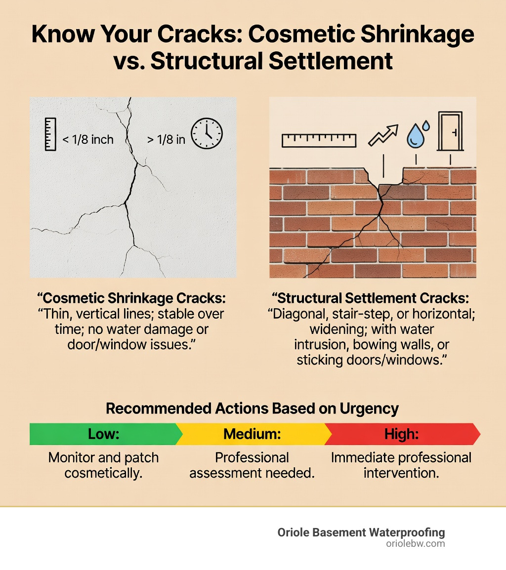 Infographic showing the difference between cosmetic shrinkage cracks (hairline, vertical, under 1/8 inch, stable over time, no water intrusion, no door/window sticking) and structural settlement cracks (diagonal, stair-step, or horizontal, wider than 1/8 inch, growing over time, accompanied by water, bowing walls, or sticking doors and windows) with urgency levels and recommended actions for each type - fix settlement cracks infographic 