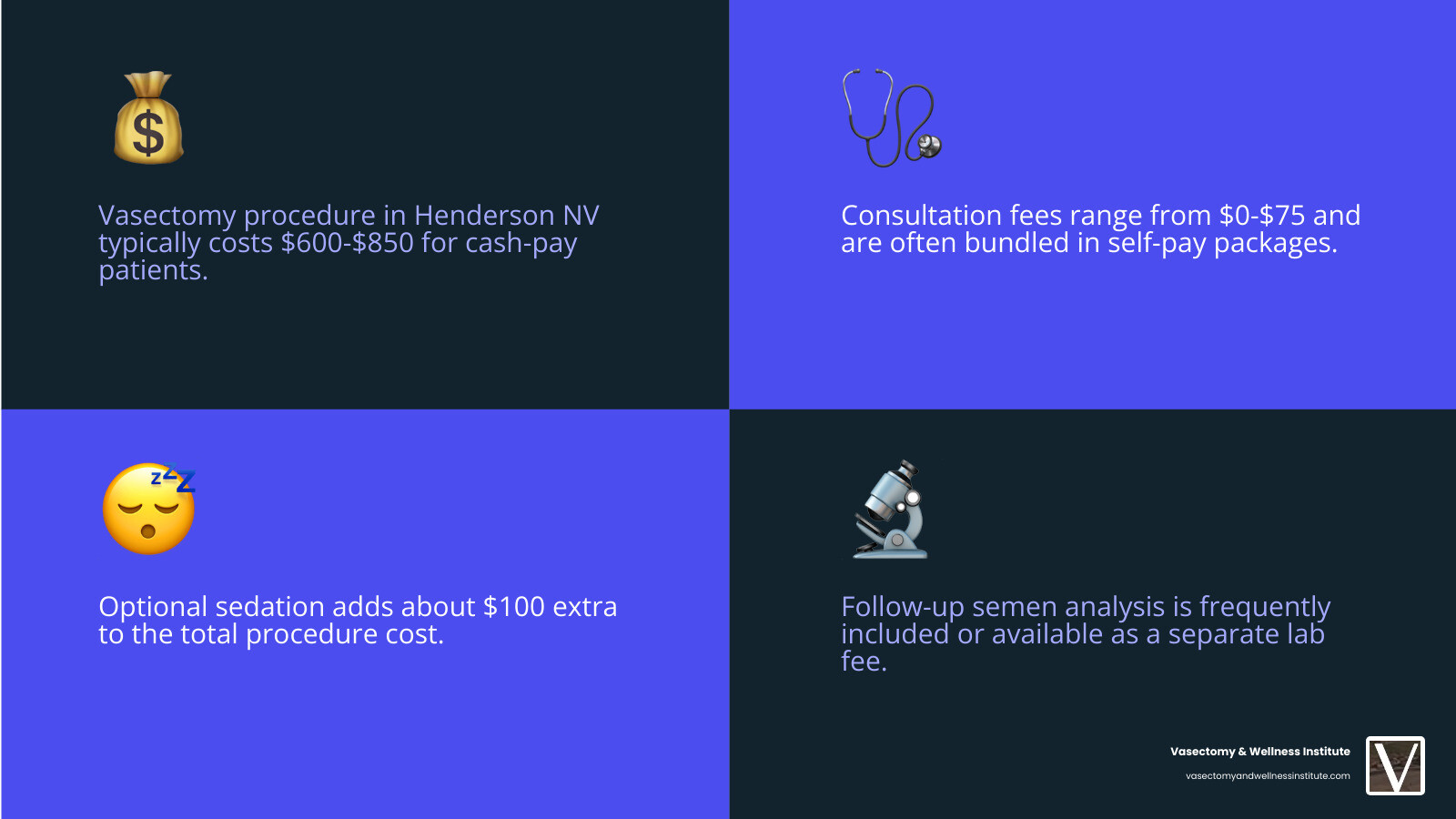 Infographic showing vasectomy price breakdown in Henderson NV: procedure cost $600-$900, consultation $0-$75, optional sedation $100, all-inclusive packages up to $900, follow-up semen analysis may be included; comparison bar chart of provider price ranges; checklist of what a typical self-pay package includes - vasectomy price henderson nv infographic 4_facts_emoji_blue Infographic showing vasectomy price breakdown in Henderson NV: procedure cost $600-$900, consultation $0-$75, optional sedation $100, all-inclusive packages up to $900, follow-up semen analysis may be included; comparison bar chart of provider price ranges; checklist of what a typical self-pay package includes - vasectomy price henderson nv infographic 4_facts_emoji_blue