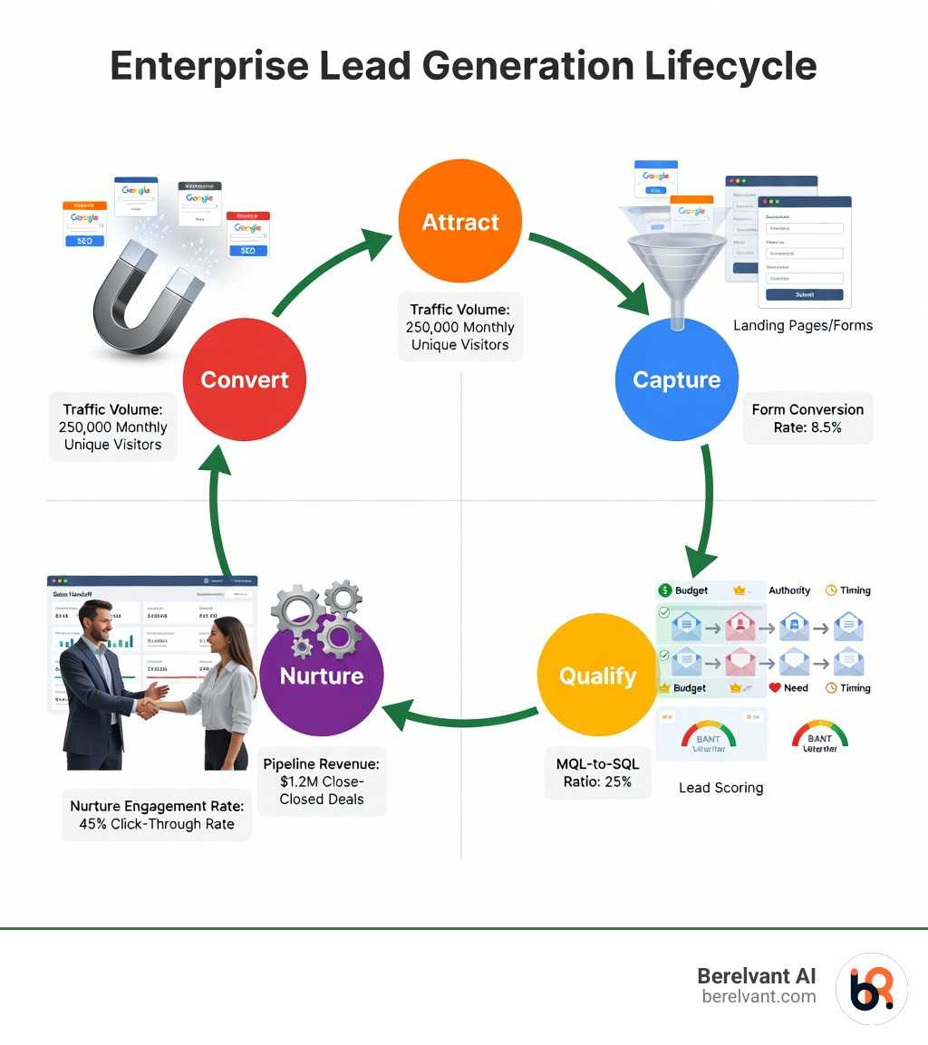 Infographic showing the enterprise lead generation lifecycle: five stages labeled Attract, Capture, Qualify, Nurture, and Convert — each stage includes key channels (SEO/Paid for Attract; Landing Pages/Forms for Capture; Lead Scoring/BANT for Qualify; Email Sequences/Retargeting for Nurture; Sales Handoff/CRM for Convert), along with key metrics per stage including traffic volume, form conversion rate, MQL-to-SQL ratio, nurture engagement rate, and pipeline revenue - Lead generation strategies infographic 