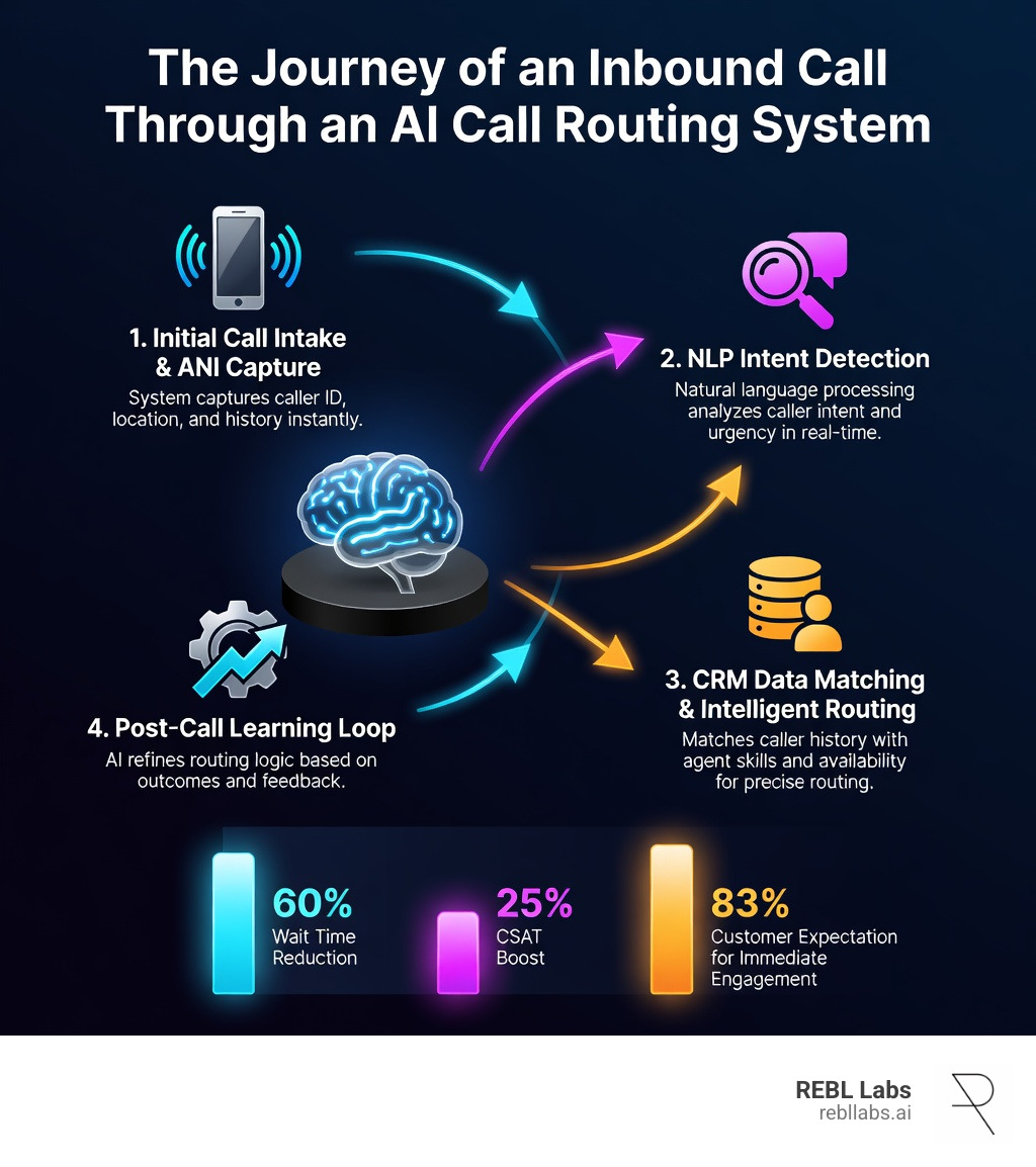 Infographic showing the journey of an inbound call through an AI call routing system: from initial call intake and ANI capture, through NLP intent detection and CRM data matching, to intelligent agent routing with sentiment scoring, and finally post-call learning loop that continuously improves routing accuracy — with stats showing 60% wait time reduction, 25% CSAT boost, and 83% customer expectation for immediate engagement - AI call routing system infographic Infographic showing the journey of an inbound call through an AI call routing system: from initial call intake and ANI capture, through NLP intent detection and CRM data matching, to intelligent agent routing with sentiment scoring, and finally post-call learning loop that continuously improves routing accuracy — with stats showing 60% wait time reduction, 25% CSAT boost, and 83% customer expectation for immediate engagement - AI call routing system infographic