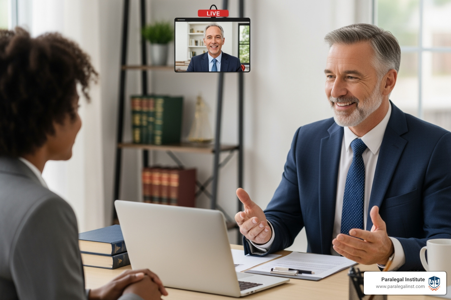 Student engaging in live online instruction with a practicing attorney - accelerated paralegal certificate program