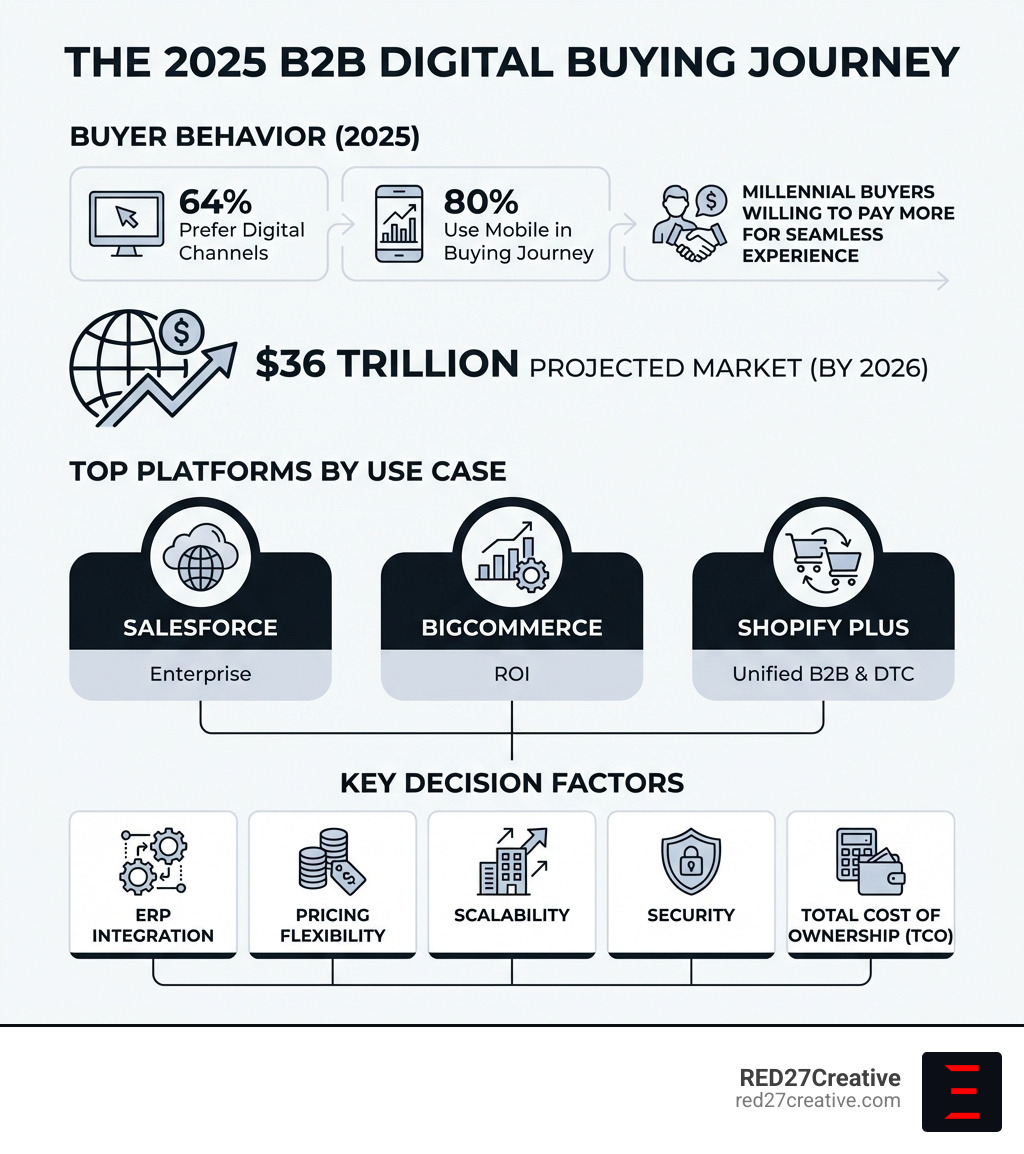 Infographic showing the 2025 B2B digital buying journey: 64% prefer digital channels, 80% use mobile, millennial buyers willing to pay more for seamless experience, $36 trillion projected market by 2026, top platforms ranked by use case including Salesforce for enterprise, BigCommerce for ROI, Shopify Plus for unified B2B and DTC, with key decision factors: ERP integration, pricing flexibility, scalability, security, and total cost of ownership - B2B website platform infographic Infographic showing the 2025 B2B digital buying journey: 64% prefer digital channels, 80% use mobile, millennial buyers willing to pay more for seamless experience, $36 trillion projected market by 2026, top platforms ranked by use case including Salesforce for enterprise, BigCommerce for ROI, Shopify Plus for unified B2B and DTC, with key decision factors: ERP integration, pricing flexibility, scalability, security, and total cost of ownership - B2B website platform infographic