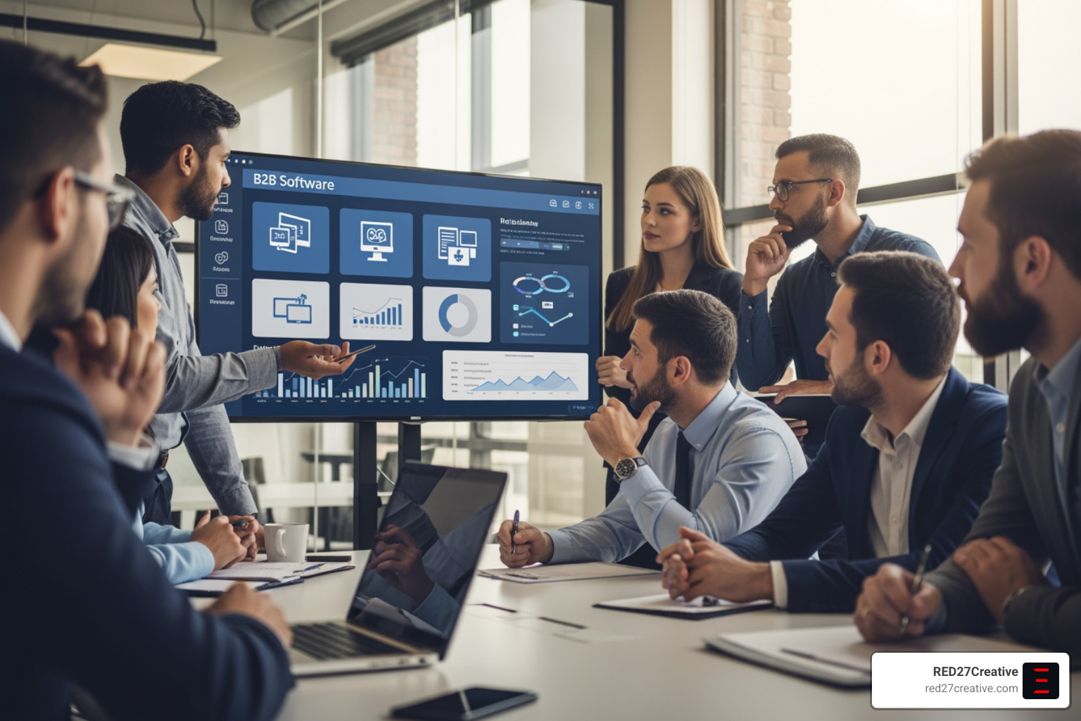 A collaborative business team in a modern office evaluating B2B software options on a large screen - B2B website platform A collaborative business team in a modern office evaluating B2B software options on a large screen - B2B website platform