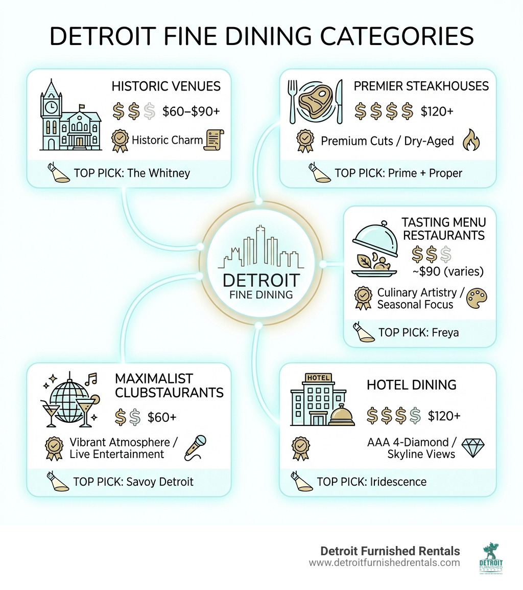 Infographic showing Detroit's fine dining categories — Historic Venues, Premier Steakhouses, Tasting Menu Restaurants, Destination Dining, and Maximalist Clubstaurants — with price tiers ranging from $60 to $120+ per person, key accolades like AAA 4-Diamond and James Beard nominations, and top picks in each category including The Whitney, Prime + Proper, Freya, Iridescence, and Savoy Detroit - Fine dining Detroit infographic 