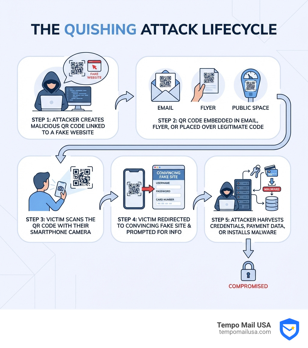 Infographic showing the quishing attack lifecycle in 5 steps: Step 1 - Attacker creates a malicious QR code linked to a fake website; Step 2 - QR code is embedded in an email, flyer, or placed over a legitimate code in a public space; Step 3 - Victim scans the QR code with their smartphone camera; Step 4 - Victim is redirected to a redirected to a convincing fake site and prompted to enter personal or financial information; Step 5 - Attacker harvests credentials, payment data, or installs malware on the victim's device - quishing infographic Infographic showing the quishing attack lifecycle in 5 steps: Step 1 - Attacker creates a malicious QR code linked to a fake website; Step 2 - QR code is embedded in an email, flyer, or placed over a legitimate code in a public space; Step 3 - Victim scans the QR code with their smartphone camera; Step 4 - Victim is redirected to a redirected to a convincing fake site and prompted to enter personal or financial information; Step 5 - Attacker harvests credentials, payment data, or installs malware on the victim's device - quishing infographic